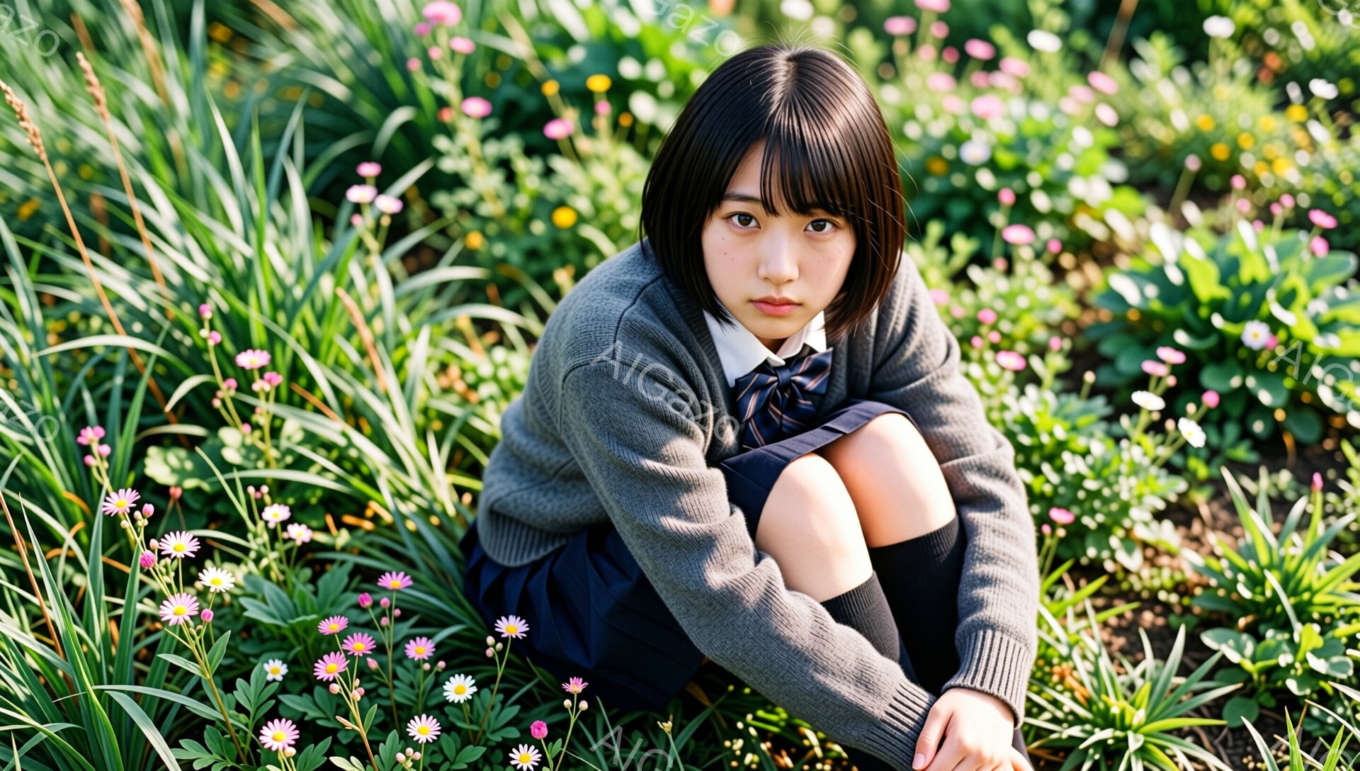 画像には、制服を着た若い女性がひざを抱えて花壇に座っている様子が写っています。彼女は濃い茶色の前髪のある黒髪で、少し憂いを帯びた表情をしています。背景には、ピンクや白の小さな花が咲き乱れ、穏やかで少し寂しげな雰囲気が漂っています。