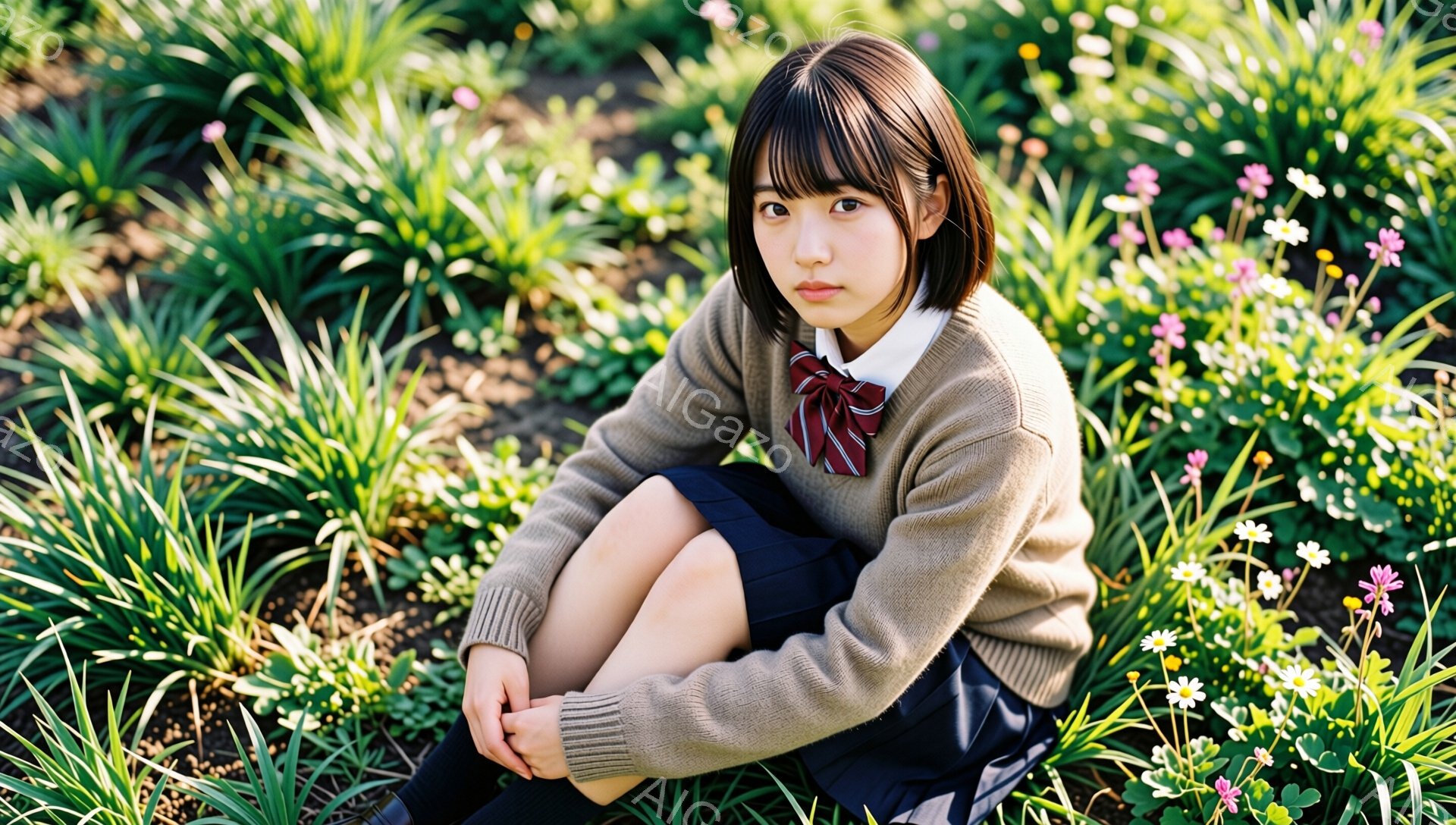 ショートヘアの少女が、ベージュのセーターにチェック柄のネクタイ、紺色のスカートという制服姿で、花壇の中に膝を抱えて座っている。彼女は少し憂いを帯びた表情でカメラを見つめており、背景には緑豊かな草花が広 - AI生成フリー素材