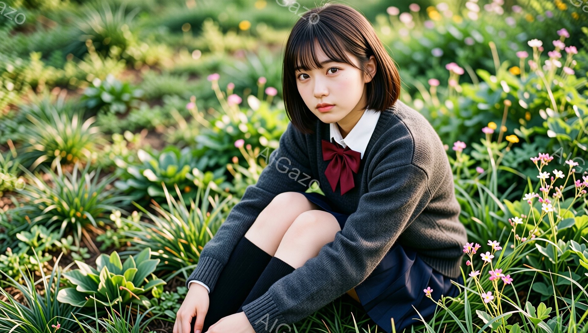短い黒髪の女性が、ひざを曲げて草むらに座っている。グレーのセーターに、白いシャツとネイビーのスカート、黒い靴下を履いており、首には赤いリボンがついている。背景には緑豊かな植物とピンク色の小さな花々が広がり、穏やかで春らしい雰囲気が漂っている。