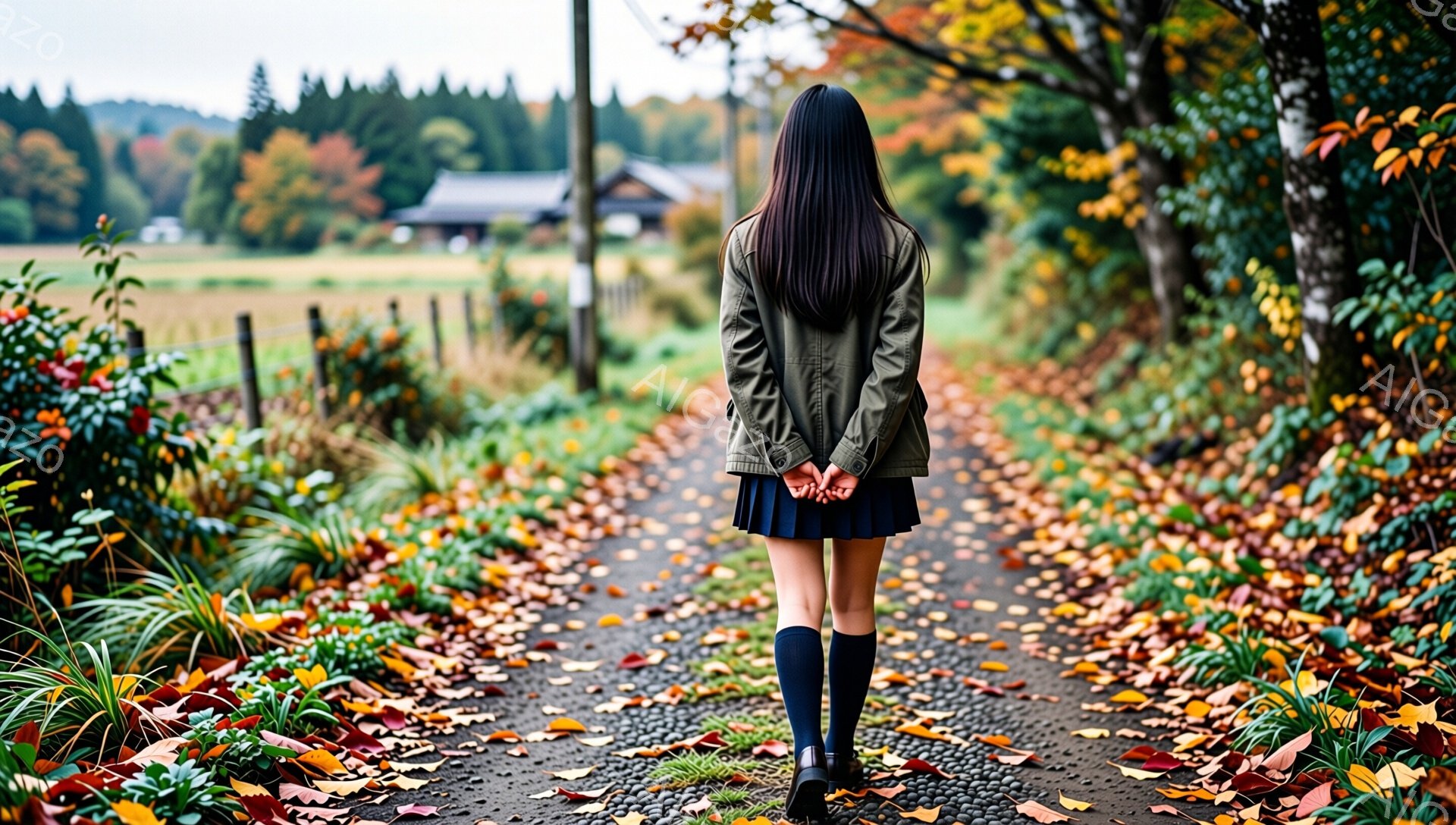 長い黒髪を背中に垂らし、緑色のジャケットと紺色のスカート、ハイソックスを履いた女性が、落ち葉が敷き詰められた道を歩いている。背景には、木々の紅葉と緑の牧草地、そして遠くに家屋が見える。全体的に秋の寂しさと温かさを感じる、ノスタルジックな雰囲気である。