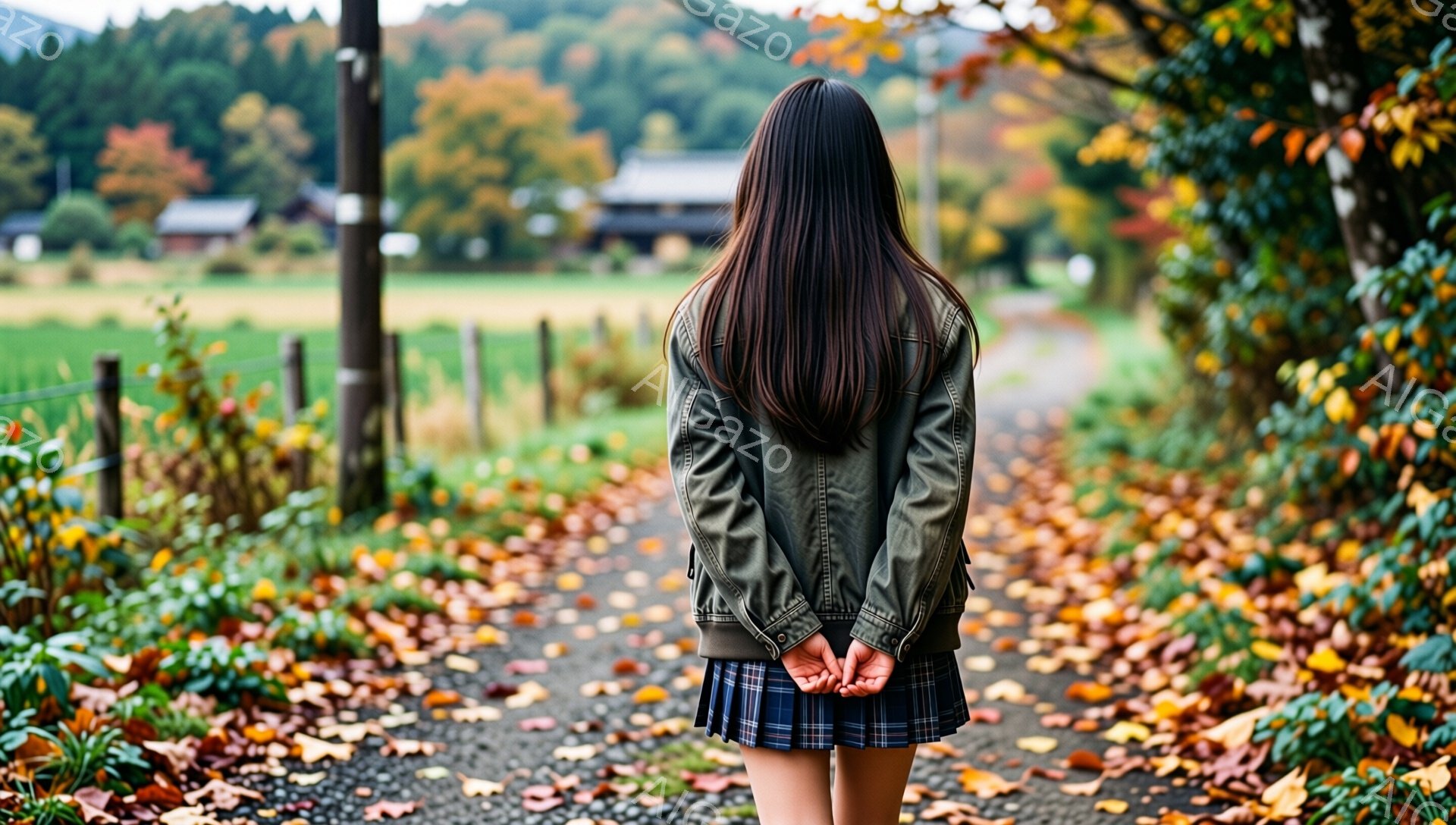 長い黒髪を背中に伸ばした女性が、緑色のジャケットとチェック柄のスカートを身に着けて、砂利道に立っている。彼女は両手を後ろで組んでおり、背景には緑豊かな田園風景と秋色の木々が広がっている。全体的に、秋の穏やかな午後の、物憂げで静かな雰囲気が漂っている。