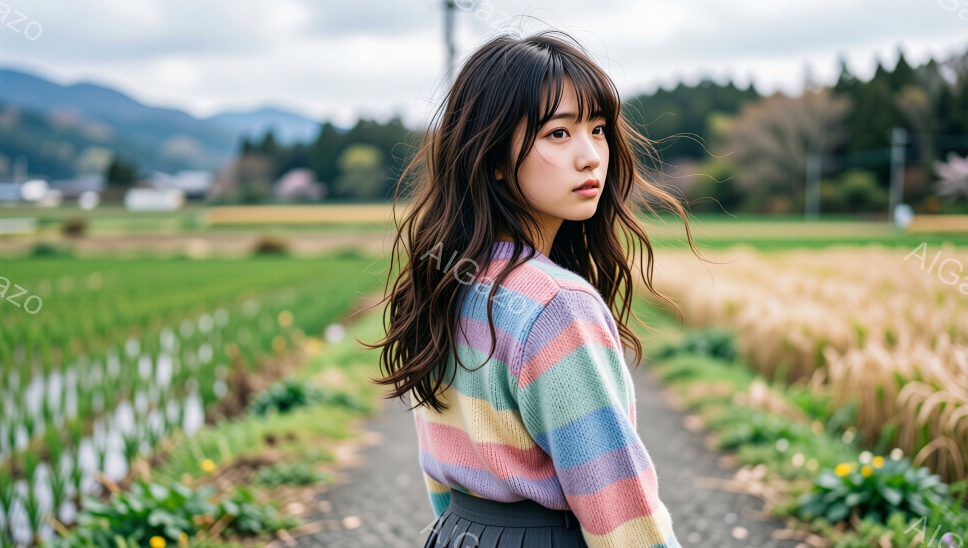 長い黒髪の女性が、カラフルなパステルカラーのセーターと濃い緑色のスカートを着て、土の道で振り返っている。彼女は少し憂いを帯びた表情で、背景には緑豊かな田園風景と遠くの山々が広がっている。全体的に、春の穏やかでノスタルジックな雰囲気が漂っている。