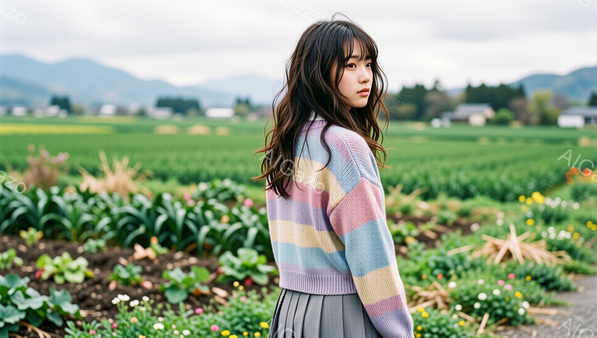 長い黒髪の女性が、パステルカラーのブロック状に切り替わったセーターとグレーのスカートを身につけて立っている。彼女は少し振り返り、憂いを帯びた表情で遠くを見つめている。背景には緑豊かな畑が広がり、小さな - AI生成フリー素材