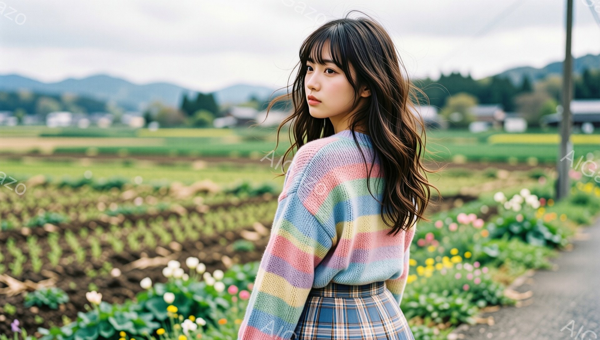 長い黒髪を肩で無造作にまとめ、パステルカラーのストライプニットカーディガンとチェック柄のスカートを身に着けた女性が写っている。彼女は少し振り返り、憂いを帯びた表情で遠くを見つめている。背景には、緑豊かな田園風景と、ぼんやりと見える建物、そして空には雲が広がっている。