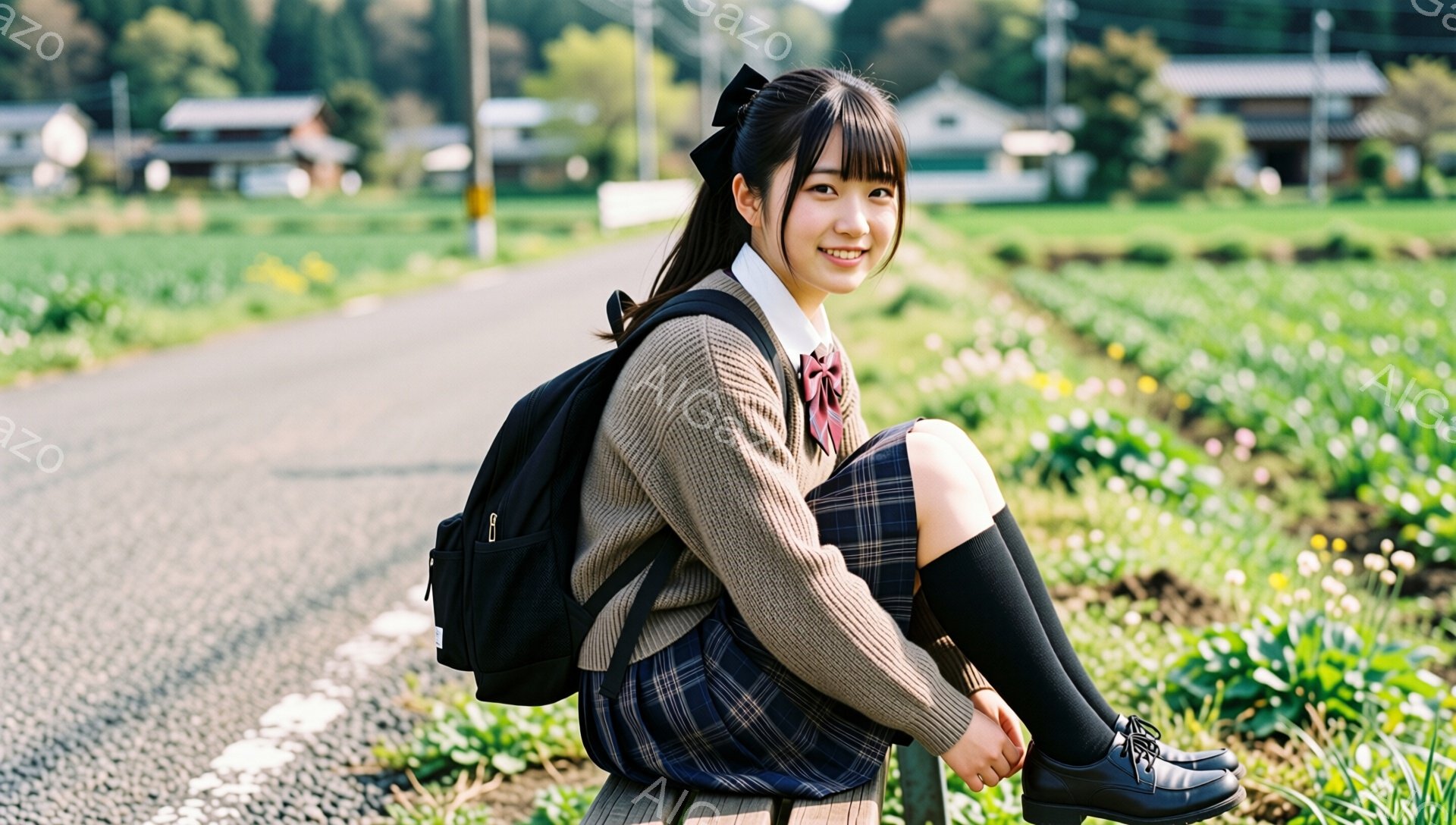 茶色のカーディガンとチェック柄のスカート、黒い靴下と革靴を身に着けた女子高生が、農道の縁に座って笑顔を浮かべている。彼女は黒いリュックサックを背負い、髪はポニーテールに結ばれ、前髪は眉毛にかかるように整えられている。背景には緑豊かな田園風景が広がり、遠くには建物が見え、晴れた日の穏やかな雰囲気が漂っている。