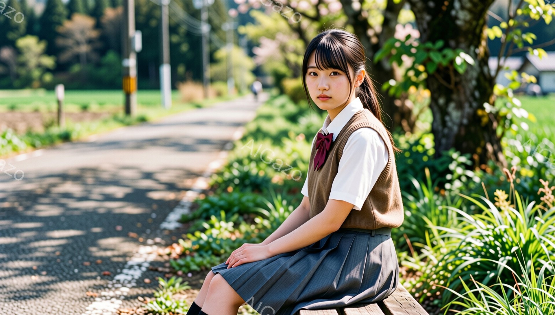 若い女性が道路脇の緑豊かな場所に座っています。彼女は白いシャツに茶色のベスト、プリーツスカート、黒い靴下を着用し、髪はポニーテールにまとめています。背景にはアスファルトの道、木々、そして遠くに見える建物が広がっており、穏やかで春らしい雰囲気が漂っています。