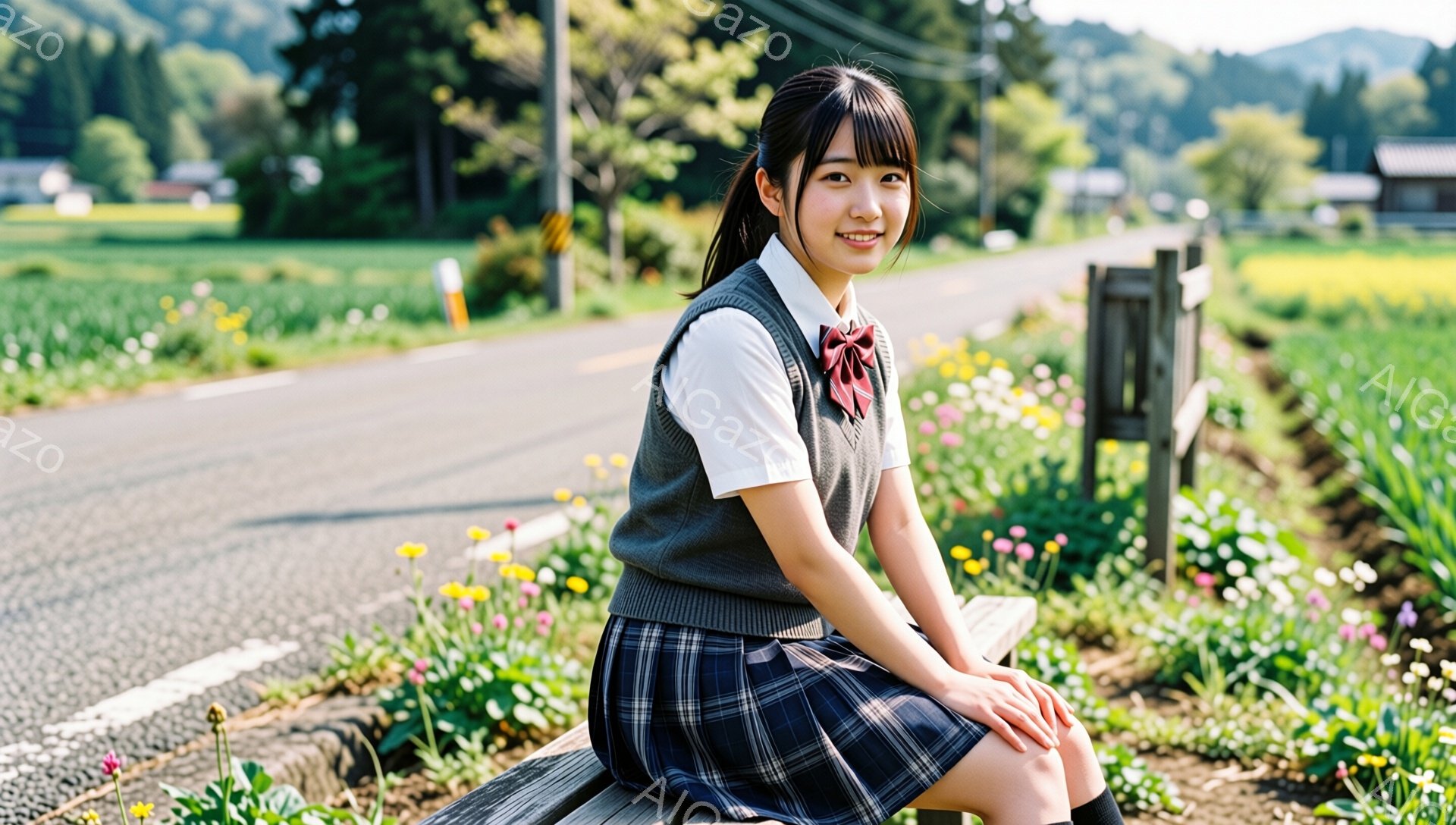画像には、制服を着た若い女性が描かれています。彼女はグレーのベスト、白いシャツ、チェック柄のスカートを身に着けており、髪はポニーテールに結ばれています。彼女は土手に座り、微笑んでカメラを見ており、背景には田園風景が広がっています。