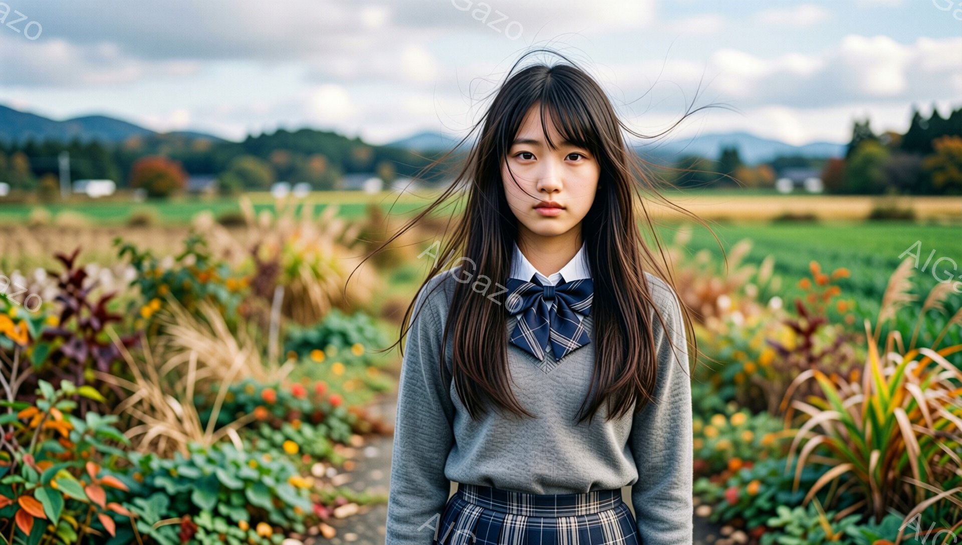 長い黒髪の少女が、グレーのセーターとチェック柄のスカートを着て立っている。彼女は少し憂いを帯びた表情で、前髪が風になびいている。背景には色とりどりの草花が咲き乱れ、遠くには緑豊かな丘と建物が見える穏やかな田園風景が広がっている。