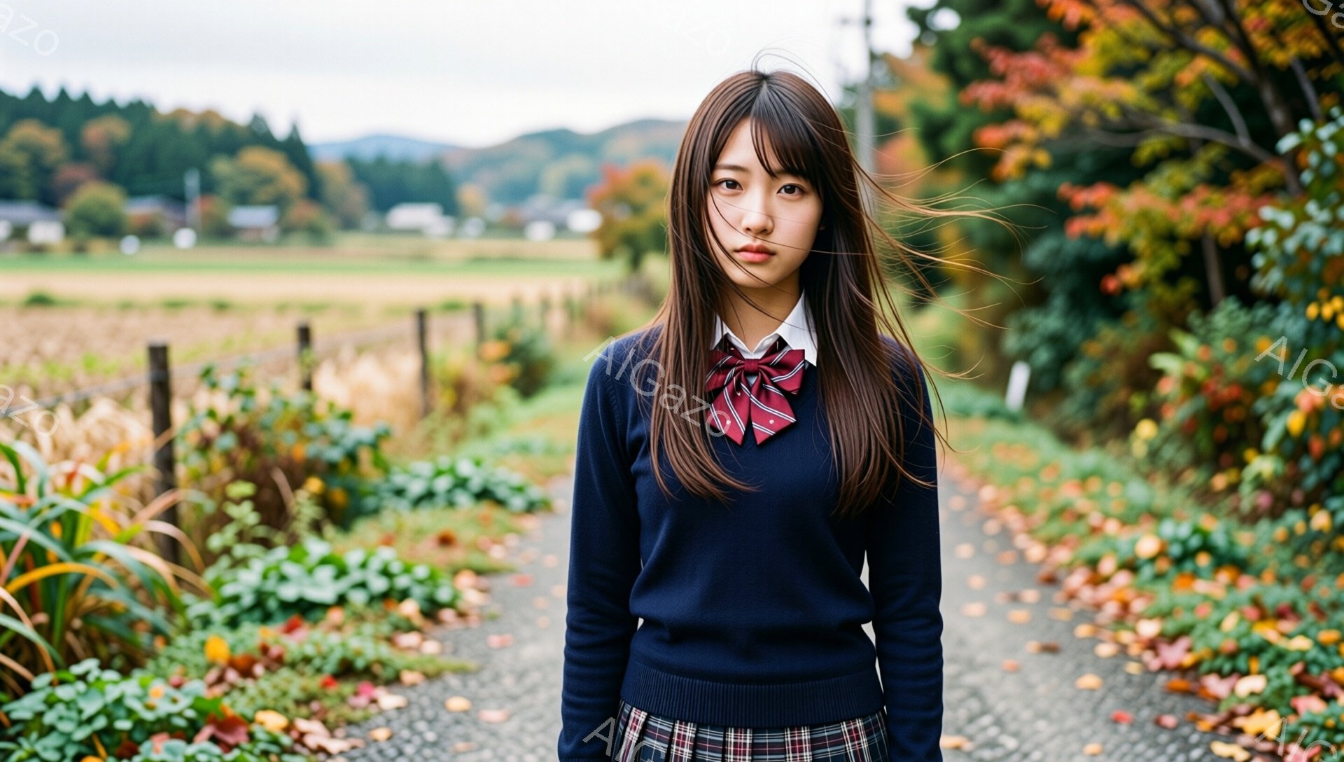 若い女性が紺色のセーターとチェック柄のスカートを着て、道を正面から見つめて立っている。彼女は長い茶色の髪で、少し憂いを帯びた表情をしている。背景には、紅葉した木々や畑が広がり、秋の穏やかな雰囲気を醸し - AI生成フリー素材