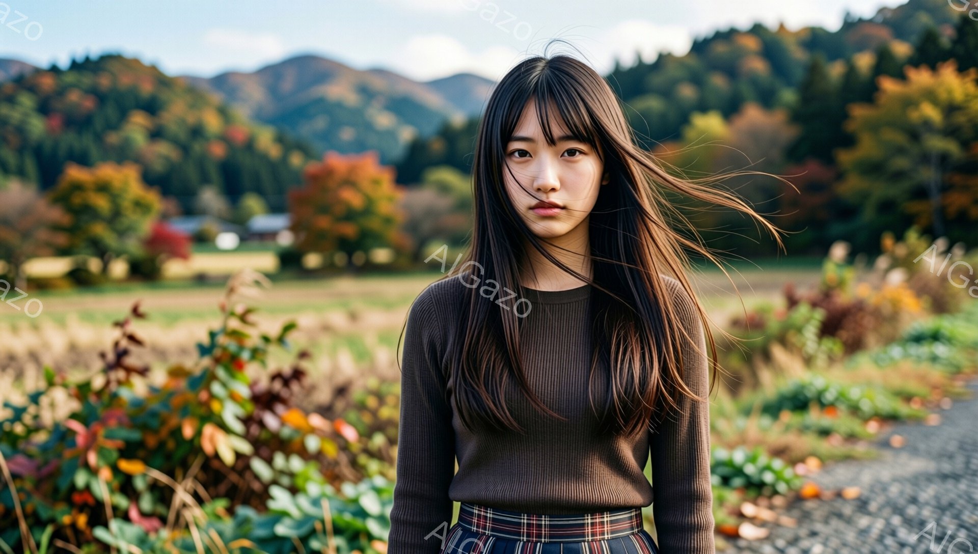 長い黒髪の女性が、茶色のリブニットとチェック柄のスカートを着て立っています。彼女は無表情で、髪が風になびいています。背景には、秋色の自然豊かな丘陵地帯が広がり、明るい日差しが差し込んでいます。