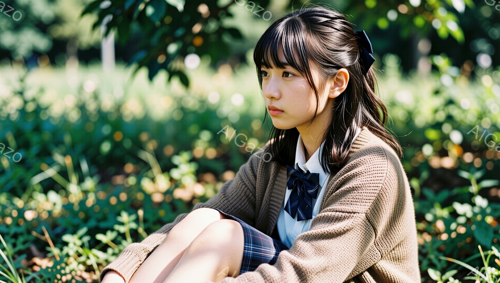 明るい日差しの中で、女子高生が緑豊かな草むらに座っています。彼女はベージュのカーディガン、チェックのスカート、そして濃い青色のリボン付きの白いブラウスを着ており、髪は前髪を下ろしたスタイルで、サイドに黒いリボンをつけています。彼女は少し物憂げな表情で、遠くを見つめており、全体的に静かで穏やかな雰囲気が漂っています。