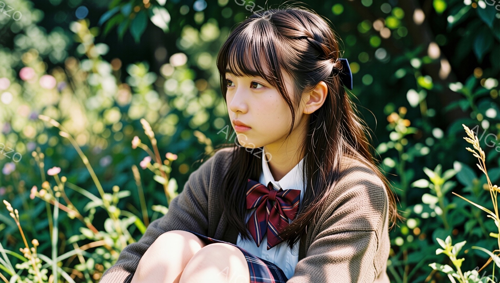 茶色のカーディガンとチェック柄のスカート、白いシャツに赤いリボンタイを締めた女子高生が、緑豊かな草むらの中に座っている。彼女は少し物憂げな表情で遠くを見つめ、膝を抱えている。背景は様々な緑色の植物で満たされ、柔らかな光が差し込み、穏やかで少し寂しげな雰囲気を醸し出している。
