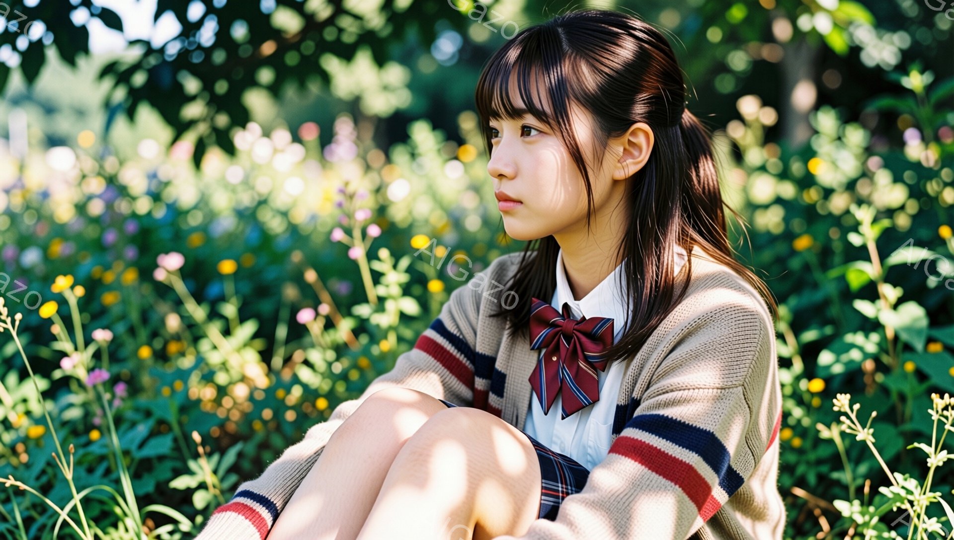 茶髪の少女が花畑に座り、少し物憂げな表情を浮かべている。 制服姿で、ベージュのカーディガン、白いシャツに赤いリボンタイ、チェック柄のスカートを着用し、姿勢良く膝を抱えている。 背景は緑豊かな花畑で、暖 - AI生成フリー素材