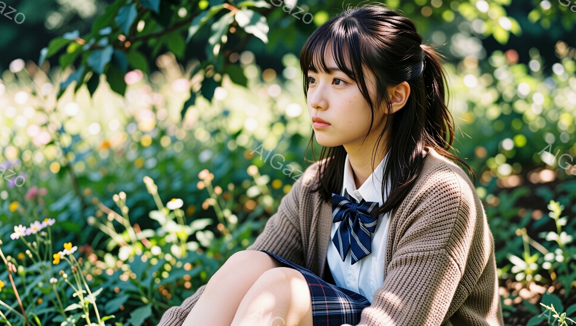 画像は、花が咲き乱れる緑豊かな背景の中で、制服を着た若い女性が写っています。彼女はベージュのカーディガン、白いシャツにブルーとネイビーのネクタイ、チェック柄のスカートを着用し、膝を抱えて座り、少し憂い - AI生成フリー素材