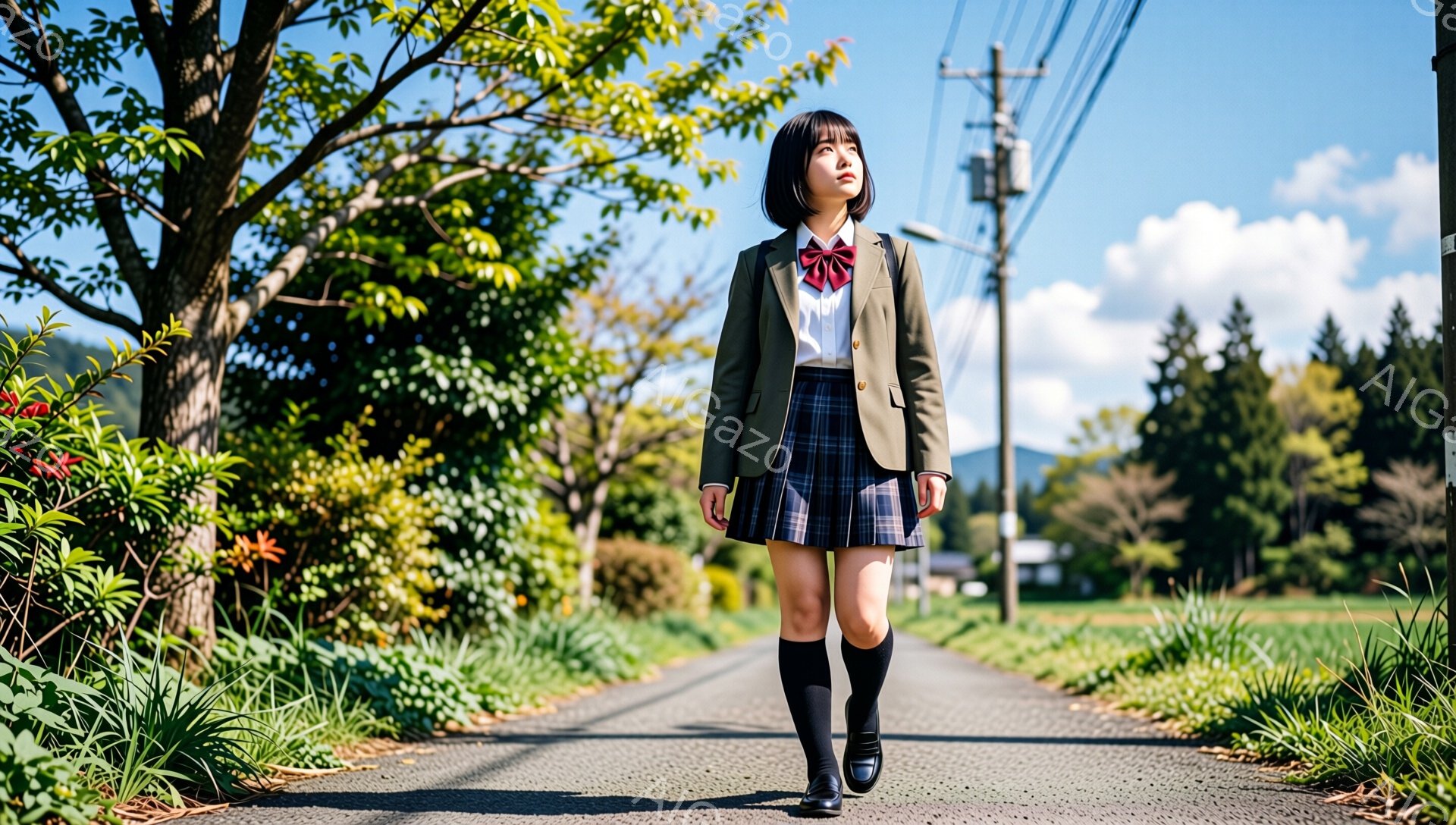 制服を着た女子高生が、田舎道の中央をまっすぐ歩いている。彼女は緑のジャケット、プリーツスカート、黒いニーハイソックスと靴を履いており、赤いリボンを締めている。背景には緑豊かな植物と青空が広がり、晴れた日の穏やかな雰囲気が漂っている。