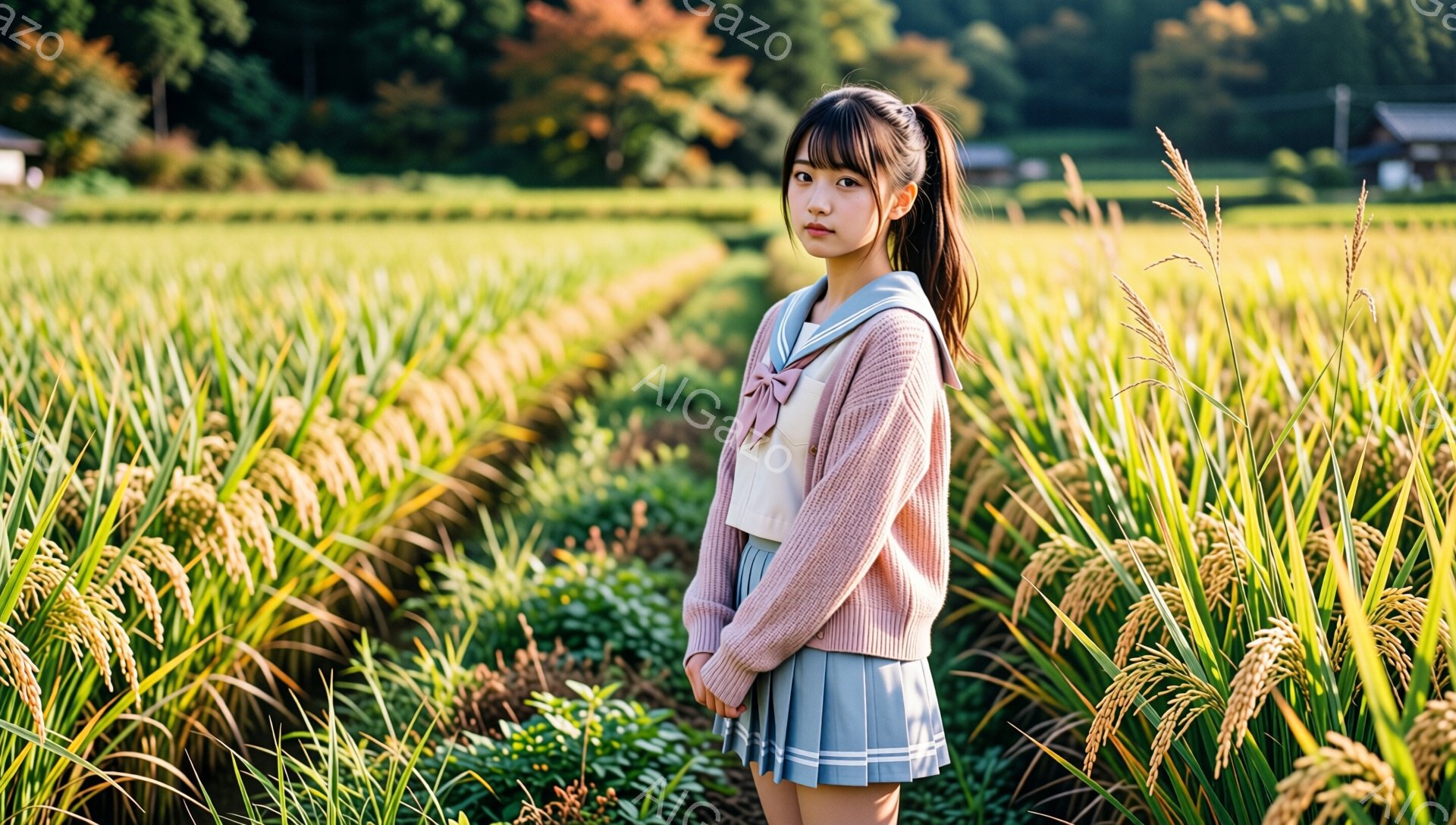 若い女性が田んぼの中に立っている。彼女は白いブラウス、ピンクのカーディガン、水色のプリーツスカートを着ており、髪をポニーテールにしている。背景には黄金色の稲穂が広がり、遠くに建物と緑豊かな山々が見える - AI生成フリー素材