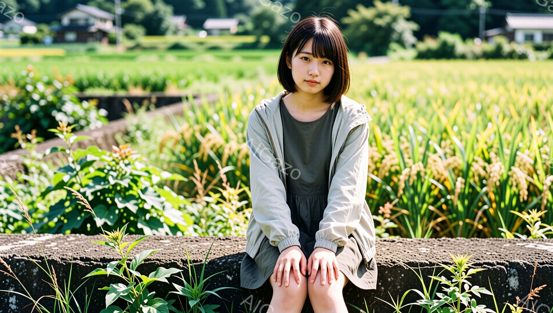 ショートカットの女性が、灰色の薄手のジャケットと濃いグレーのワンピースを着て、コンクリートの縁に座っています。彼女は膝を抱え、少し物憂げな表情をしています。背景には緑豊かな畑が広がり、遠くには家屋が見え、晴れた日の穏やかな雰囲気です。