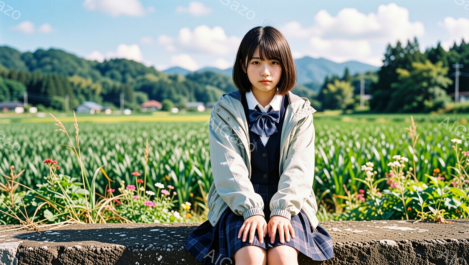 若い女性がコンクリートの縁に座っており、制服を着ています。彼女は膝を抱え、少し憂いを帯びた表情でカメラを見ています。背景には緑豊かな田園風景が広がり、花々が咲き乱れ、晴れた空の下、穏やかな雰囲気が漂っ - AI生成フリー素材