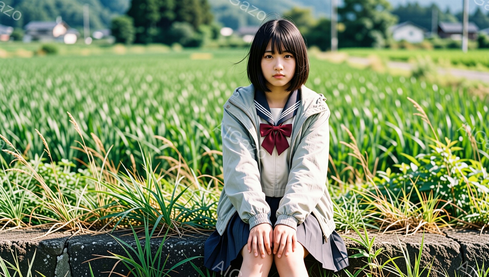 若い女性がコンクリートの縁に座っており、膝を揃えて少し俯き加減になっている。ベージュ色のジャケットに、チェック柄のスカート、赤いリボンが特徴的な制服を着ており、黒髪のショートボブが肩にかかっている。背景には緑豊かな田園風景が広がり、遠くに建物が見え、晴天の下で穏やかな雰囲気である。