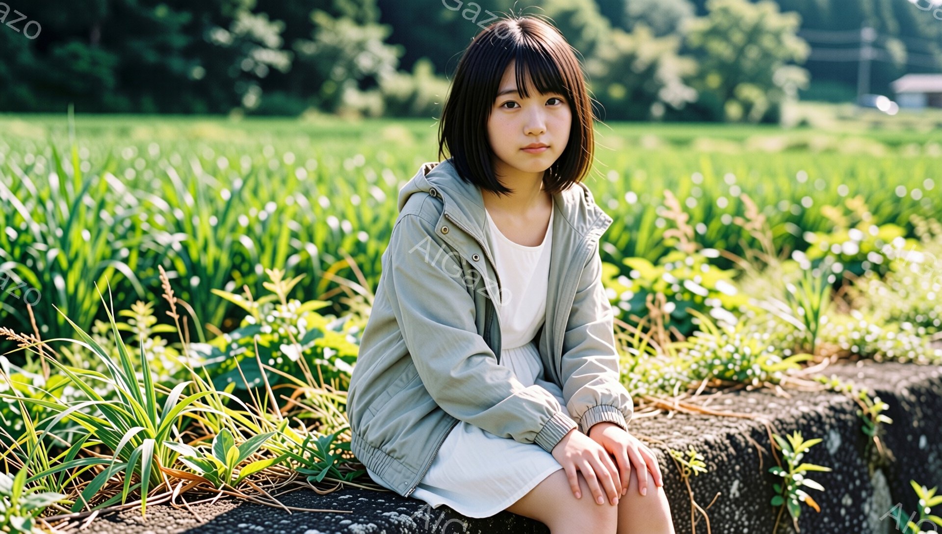 若い女性がコンクリートの縁に座っており、膝を揃えて少し内側に入れています。彼女は薄い灰色のウィンドブレーカーと白いワンピースを着ており、ダークブラウンのショートボブヘアで、少し憂いのある表情をしています。背景には緑豊かな草が生い茂っており、日差しが柔らかく差し込み、静かで落ち着いた雰囲気を醸し出しています。
