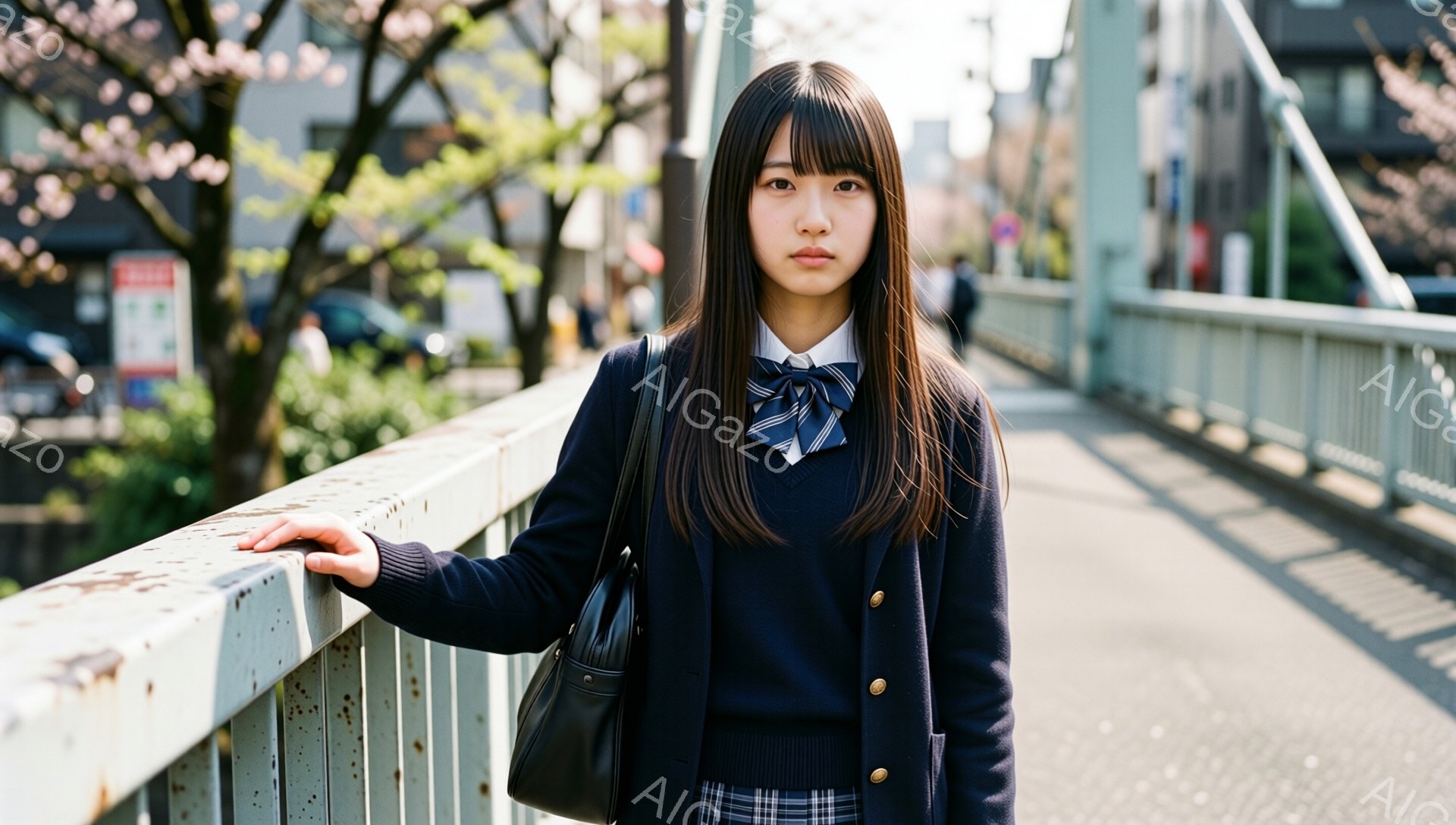 制服を着た女子高生が、薄い緑色の橋の欄干にもたれかかって立っている。彼女は黒髪のストレートヘアで、前髪は眉毛にかかる長さ、表情は少し憂いを帯びている。背景には、桜の木々が咲き誇り、都市の建物が見え、晴 - AI生成フリー素材