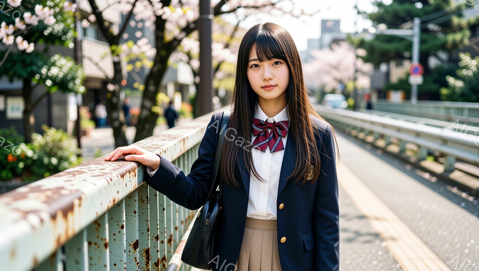 明るい日差しの下、女子高生が制服姿で橋の上に立っている。紺色のブレザーに白いシャツ、チェック柄のリボン、ベージュのスカートを着用し、肩には黒いハンドバッグをかけている。背景には桜並木と建物が見え、春の - AI生成フリー素材