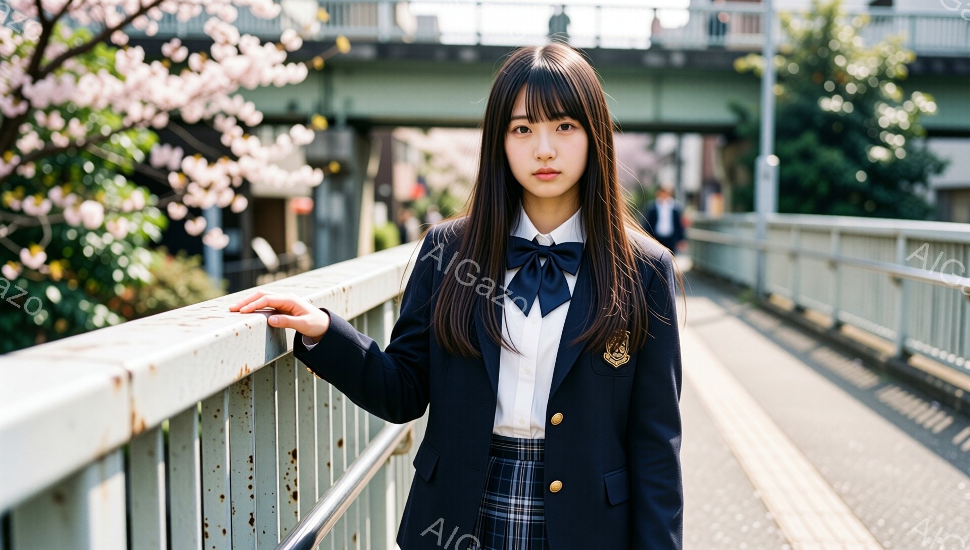 制服を着た若い女性が、緑色の手すりに片手を置き、こちらを見つめています。彼女は黒いリボンと白のシャツ、チェック柄のスカート、そして紺色のブレザーを着ており、長い黒髪は肩にかかっています。背景には、桜並木と高架線、そしてぼやけた歩行者がおり、春の穏やかな日差しの中で、少し寂しげな雰囲気が漂っています。