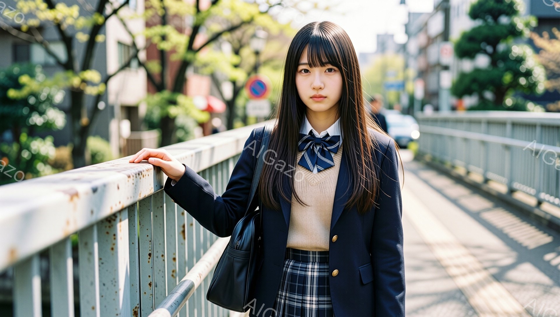 明るい日差しの下、制服を着た女子高生が橋の上でポーズをとっています。紺色のブレザーにベージュのセーター、チェック柄のスカート、そしてネクタイを締め、肩には黒いバッグをかけています。彼女は少し真剣な表情 - AI生成フリー素材