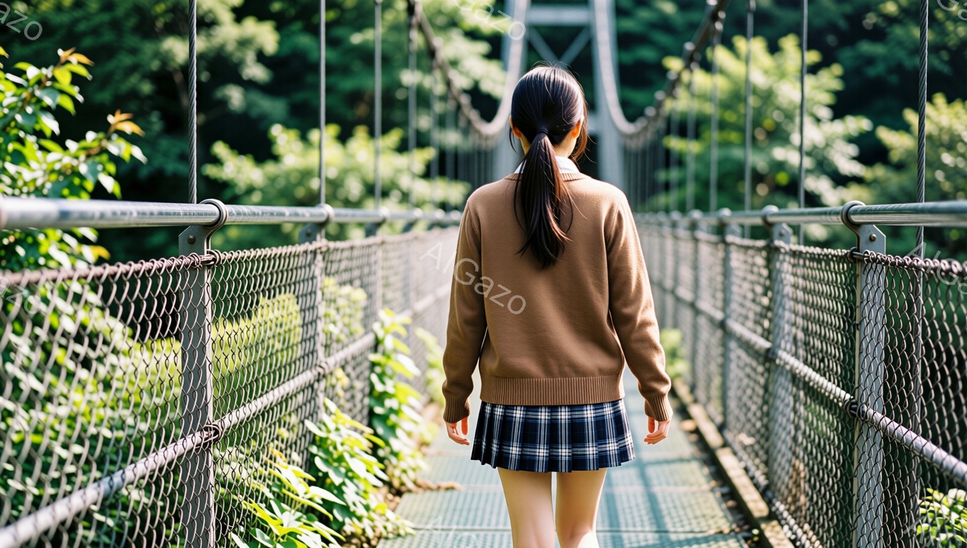 長い黒髪を後ろで一つにまとめた女性が、吊り橋を歩いている後ろ姿が写っている。ベージュのセーターとチェック柄のプリーツスカートを着用しており、カジュアルな装いである。背景は緑豊かな自然で、晴天の下、木々が生い茂り、穏やかで平和な雰囲気が漂っている。