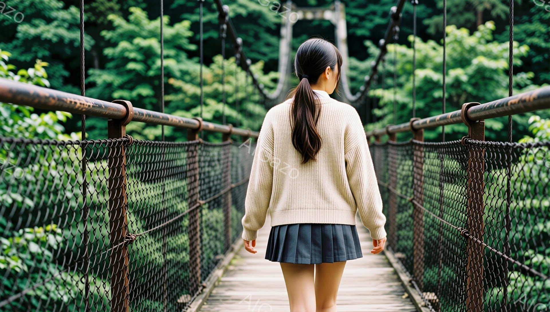 長い黒髪をポニーテールにした女性が、木製の吊り橋を歩いています。ベージュのセーターと黒いプリーツスカートを着ており、後ろ姿だけが見えます。背景は緑豊かな森林で、天候は晴れで、全体的に穏やかでノスタルジックな雰囲気です。