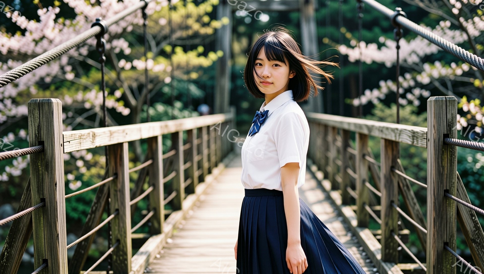 画像には、制服を着た若い女性が、木製の吊り橋の上を歩いている様子が写っています。彼女は白いシャツに濃い青色のプリーツスカートを着用し、短いボブヘアで、少し微笑んでいます。背景には、桜の花が咲き乱れる緑豊かな木々があり、春の穏やかな雰囲気が漂っています。