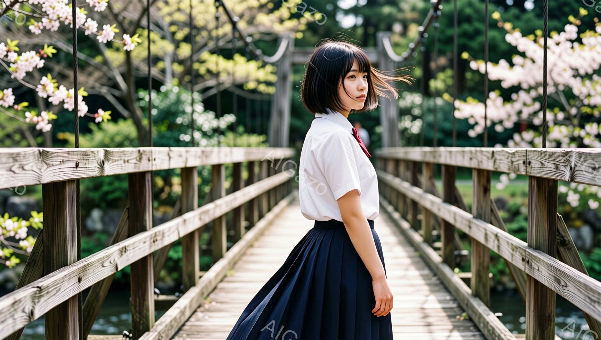 制服姿の若い女性が、木製の橋の上を歩いている。彼女は白いブラウスと濃い青色のプリーツスカートを身に着け、黒髪を肩の長さで切り揃えたヘアスタイルをしている。背景には桜の木が咲き誇り、緑豊かな自然が広がり、春の穏やかな雰囲気を醸し出している。