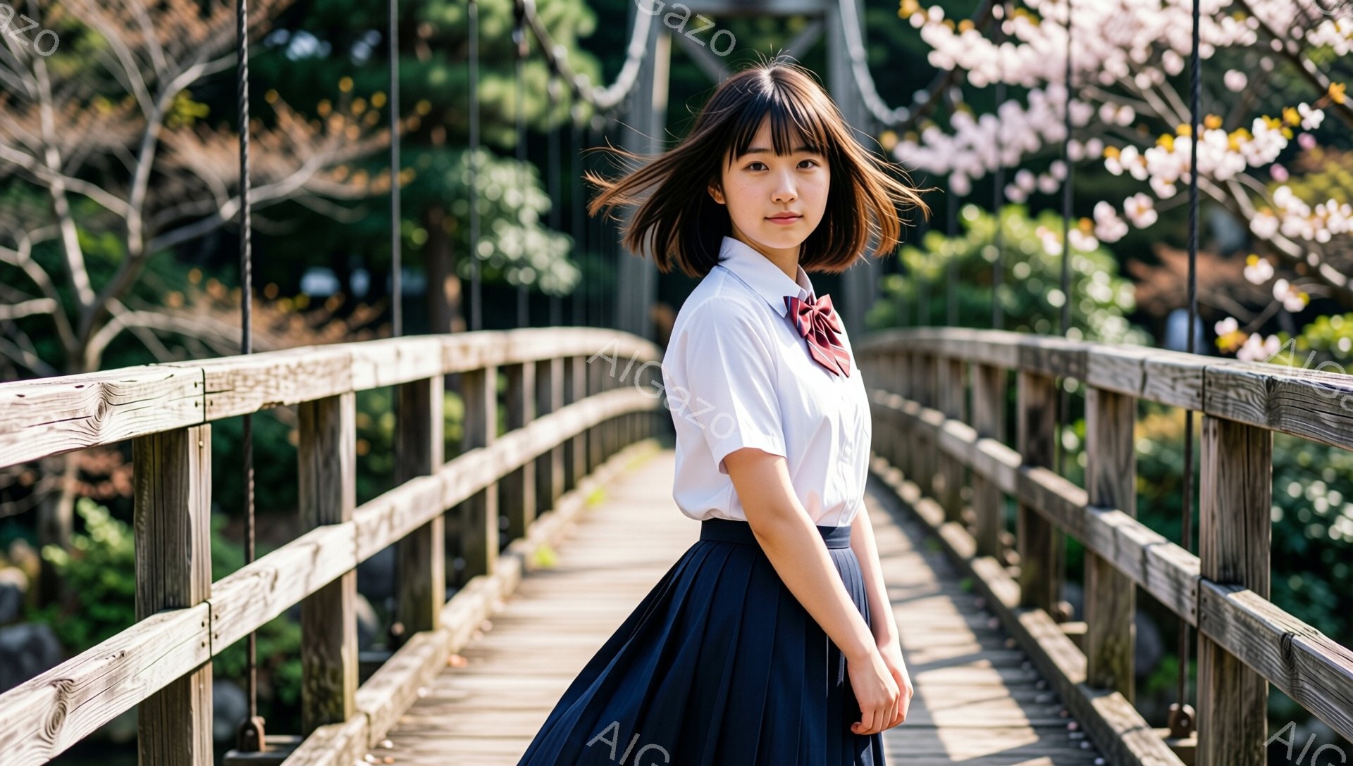画像には、制服を着た若い女性が描かれています。彼女は短い茶色の髪で、前髪は目の上まで伸びています。彼女は木製の橋の上に立っており、わずかにカメラの方を見て、落ち着いた表情をしています。 - AI生成フリー素材
