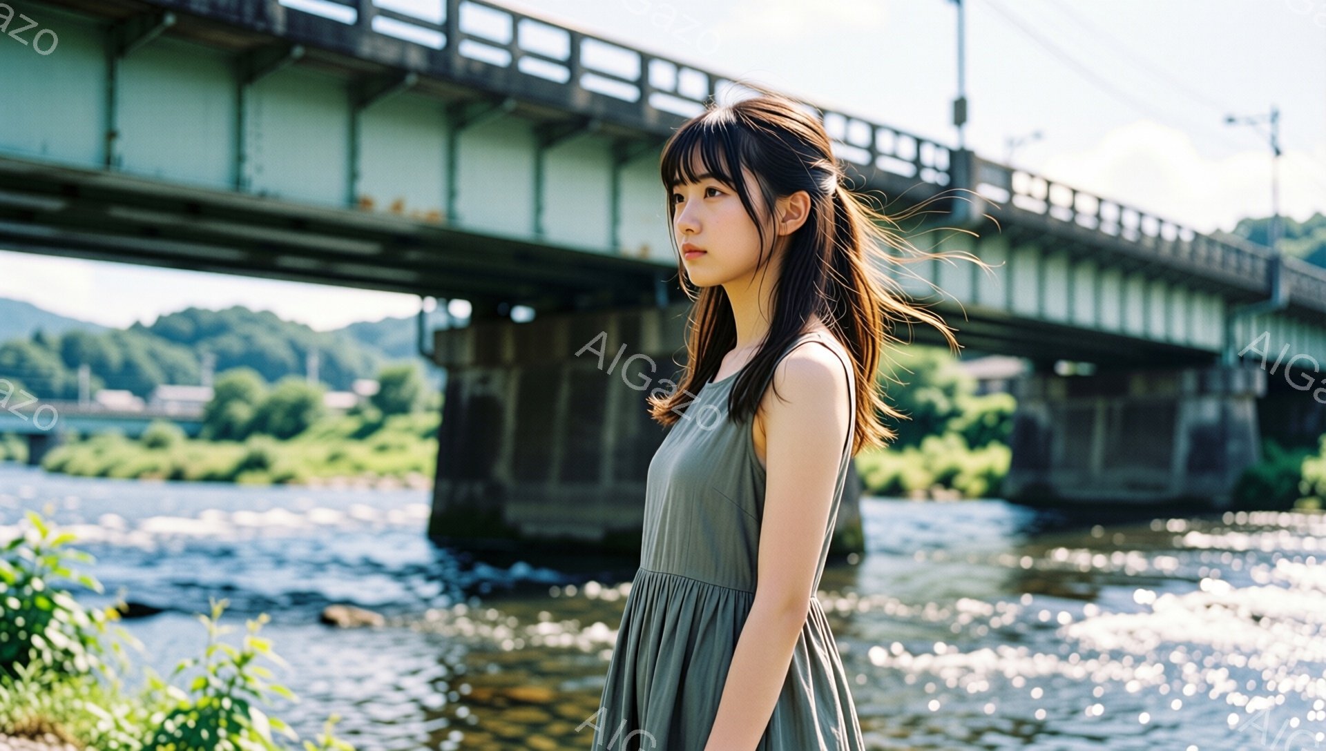 灰色のワンピースを着た若い女性が、川沿いの道を歩いている。彼女は横向きで、少し憂いを帯びた表情をしており、風になびく長い髪が特徴的だ。背景にはコンクリートの橋と緑豊かな自然が広がり、穏やかで少し寂しげな雰囲気を醸し出している。