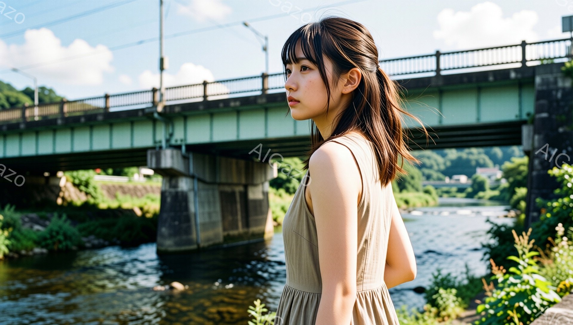 画像には、茶色のワンピースを着た若い女性が写っている。彼女は横を向き、少し憂いを帯びた表情で遠くを見つめている。背景には、コンクリート製の橋と、緑豊かな自然が広がり、穏やかで少し寂しげな雰囲気が漂って - AI生成フリー素材