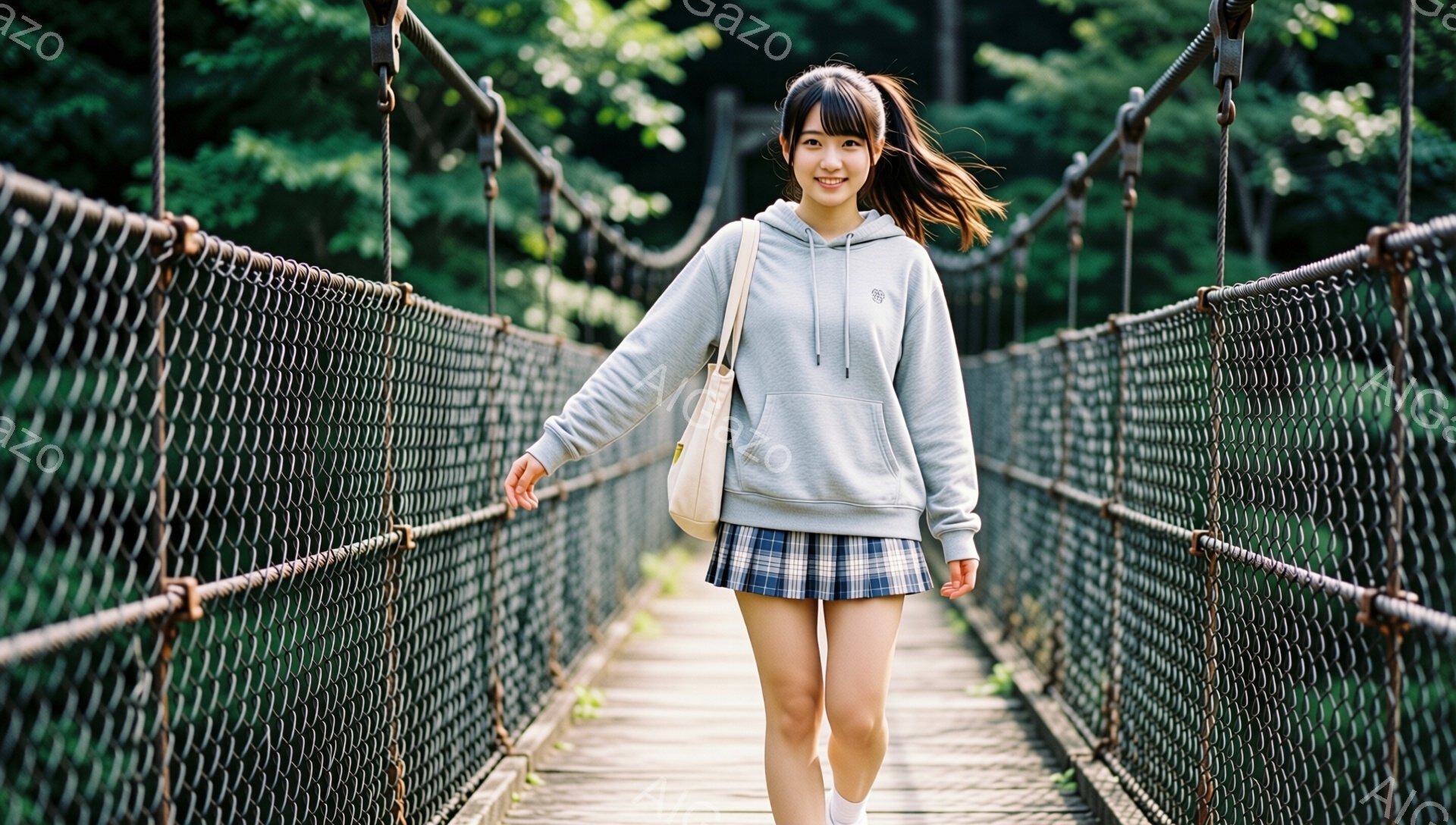 若い女性が吊り橋の上を歩いている写真です。グレーのパーカーとチェック柄のプリーツスカート、白い靴下とスニーカーを着用し、肩にベージュ色のバッグをかけています。彼女は笑顔で、髪を後ろで一つにまとめ、リラックスした雰囲気で橋の中央を歩いています。