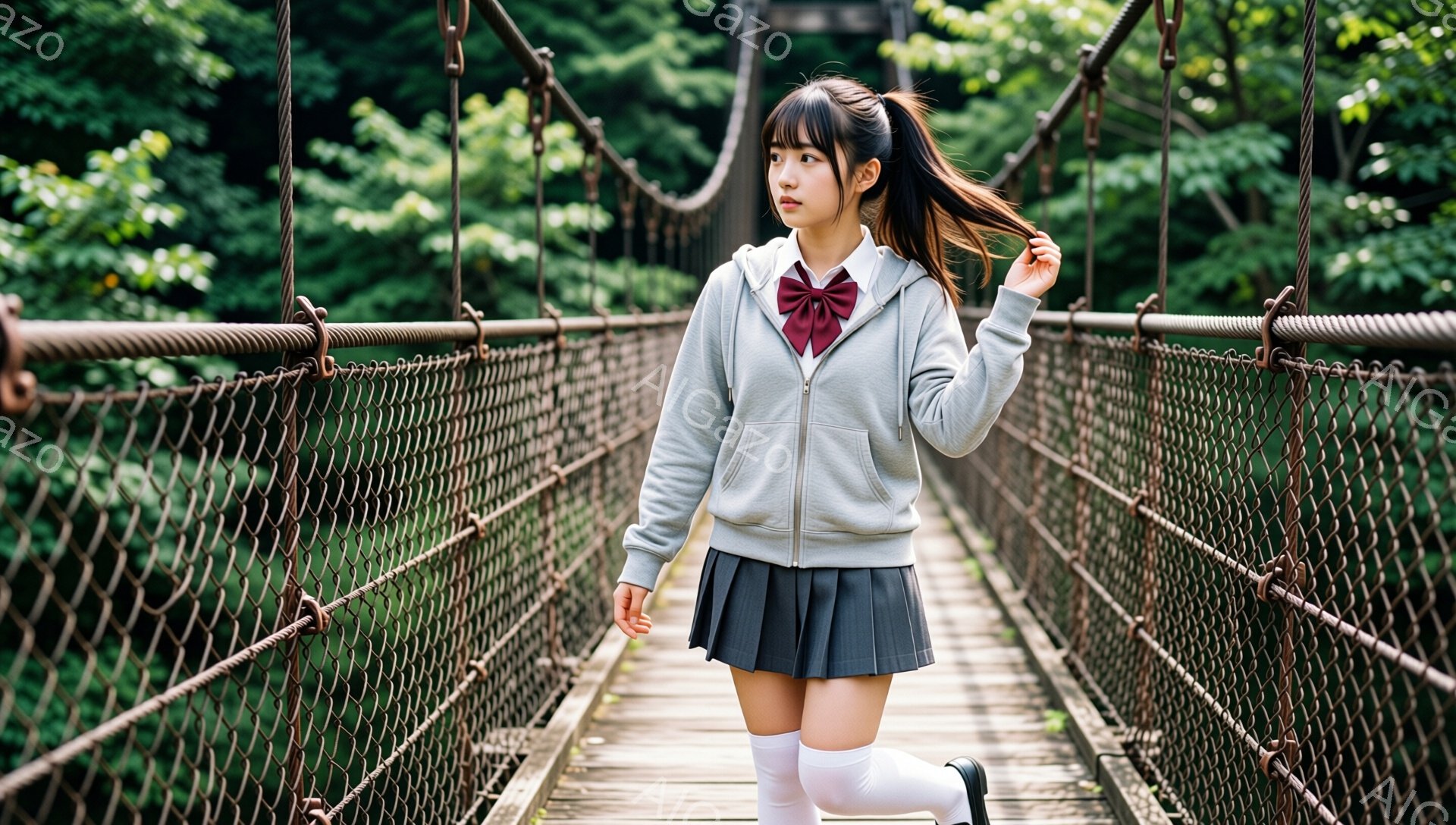 画像には、吊り橋の上を歩く女子高生が写っています。彼女はグレーのジップアップパーカー、チェックのスカート、白いソックス、そして茶色のリボンを着用し、ポニーテールにしています。背景には緑豊かな木々が広がり、晴れた日の穏やかな雰囲気が漂っています。