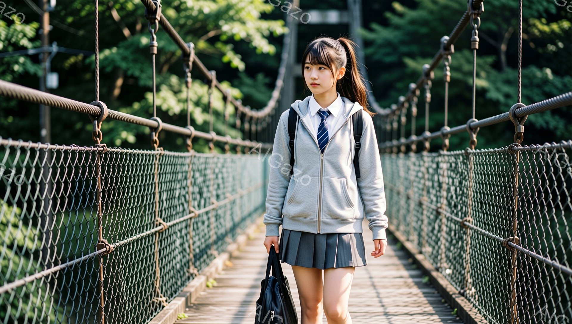 制服を着た若い女性が、吊り橋の中央を歩いている。グレーのカーディガン、白いシャツ、プリーツスカート、そして黒いバッグを身につけ、黒髪をセンターパートにして肩まで伸ばしている。背景には緑豊かな木々が見え、晴れた日の穏やかな雰囲気が漂っている。