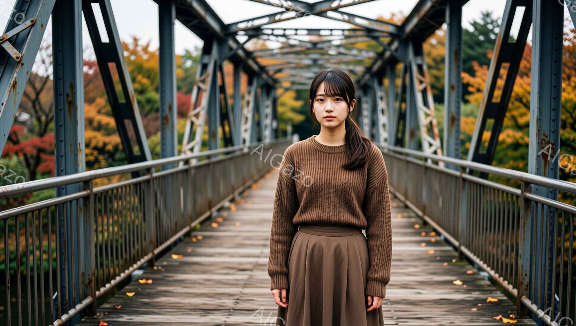 画像には、茶色のニットセーターとスカートを身に着けた若い女性が写っています。彼女はストレートヘアで、表情は穏やかでやや物憂げです。背景には、木々の紅葉と古びた青い鉄橋が広がり、少しどんよりとした空が秋の寂しげな雰囲気を醸し出しています。