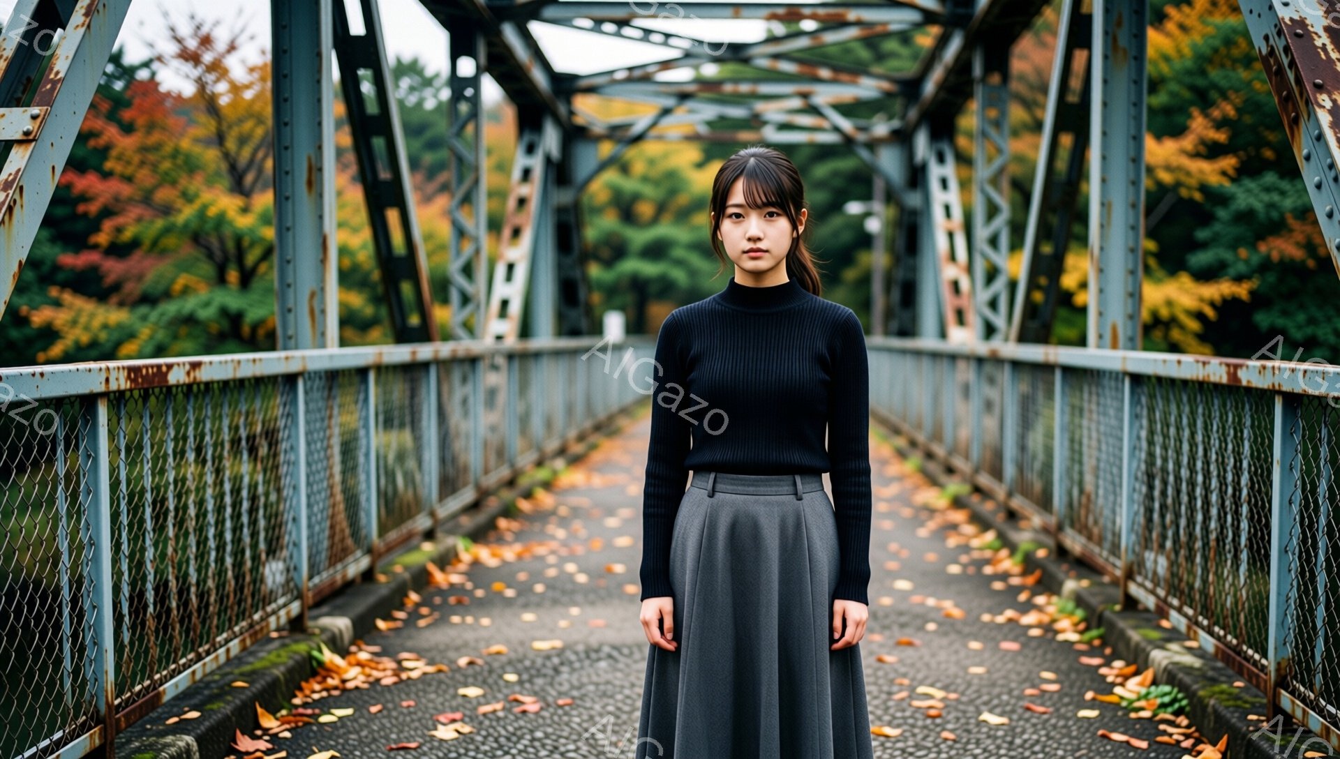 画像には、古い鉄橋の中央に立つ若い女性が写っています。彼女は黒の長袖セーターとグレーのフレアスカートを着ており、前髪を出し、後ろで髪をまとめたヘアスタイルです。背景には秋の紅葉が広がり、路面には落ち葉が散らばり、全体的に少し寂しげでノスタルジックな雰囲気を醸し出しています。