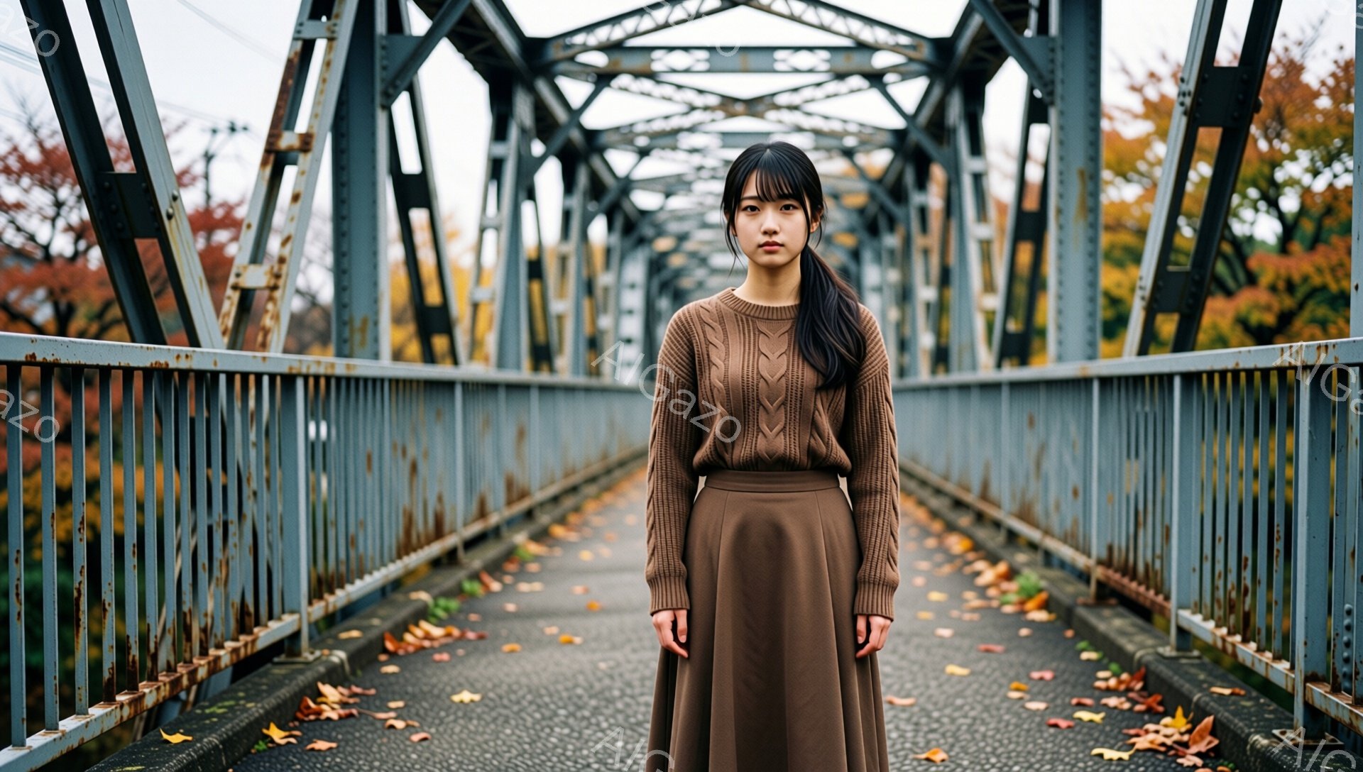 画像には、錆びた橋の中央で立つ若い女性が写っている。彼女は茶色のケーブルニットセーターと、同じく茶色のロングスカートを身に着け、ストレートでダークな髪は肩にかかっている。彼女は正面をまっすぐ見つめ、表 - AI生成フリー素材