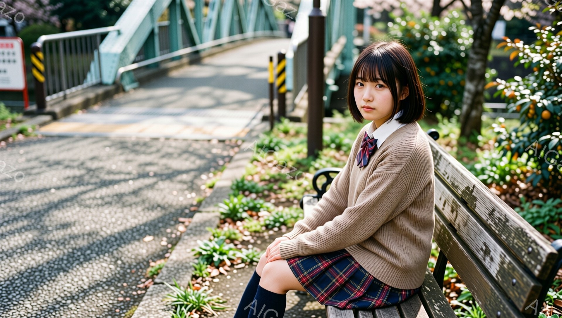 制服を着た若い女性が公園のベンチに座っています。彼女は茶色の短い髪で、少し憂いを帯びた表情をしています。背景には緑の植物と橋が見え、穏やかな春の日差しが差し込んでいます。 - AI生成フリー素材