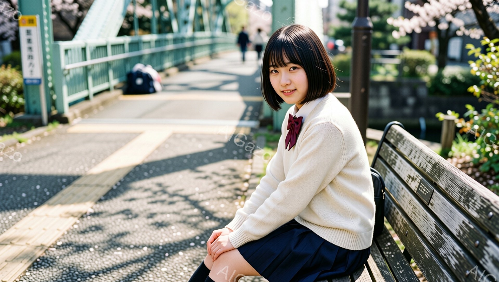 画像は、緑色の橋の近くのベンチに座っている若い女性を捉えています。彼女はクリーム色のセーターと紺色のプリーツスカート、赤いリボンネクタイを着用しており、黒髪を肩までの長さでカットしています。明るい日差 - AI生成フリー素材