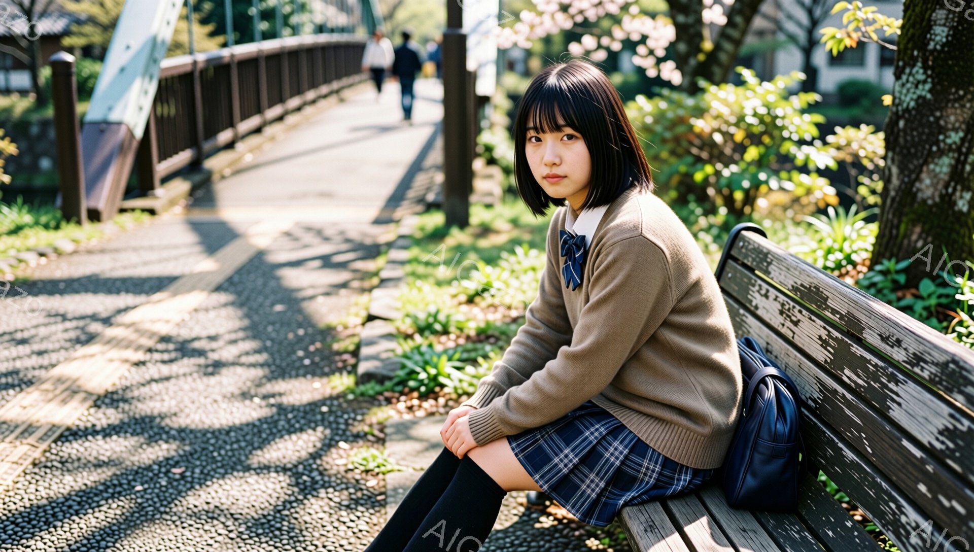 画像には、制服を着た若い女性が公園のベンチに座っている様子が写っています。彼女は茶色のカーディガン、チェック柄のスカート、黒いタイツを着用し、前髪を短く切ったヘアスタイルです。背景には、歩道橋と緑豊か - AI生成フリー素材