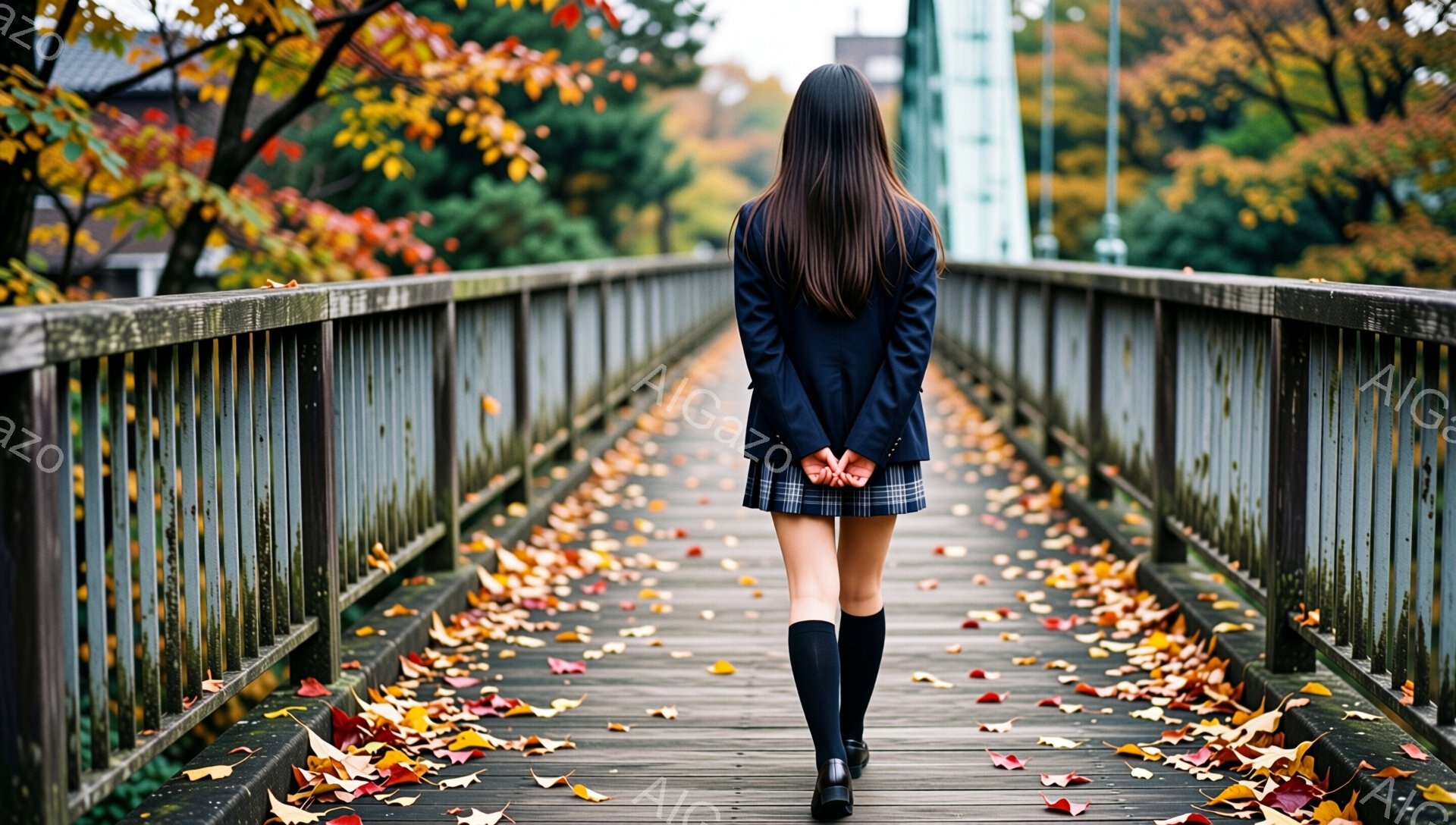 後ろ姿の女子高生が、木製の橋の上を歩いている。紺色のブレザーとチェックのスカート、膝丈のソックス、黒い靴を履いている。背景は紅葉した木々と、少し見える建物で、足元には落ち葉が散らばり、秋の寂しげで美しい雰囲気を醸し出している。