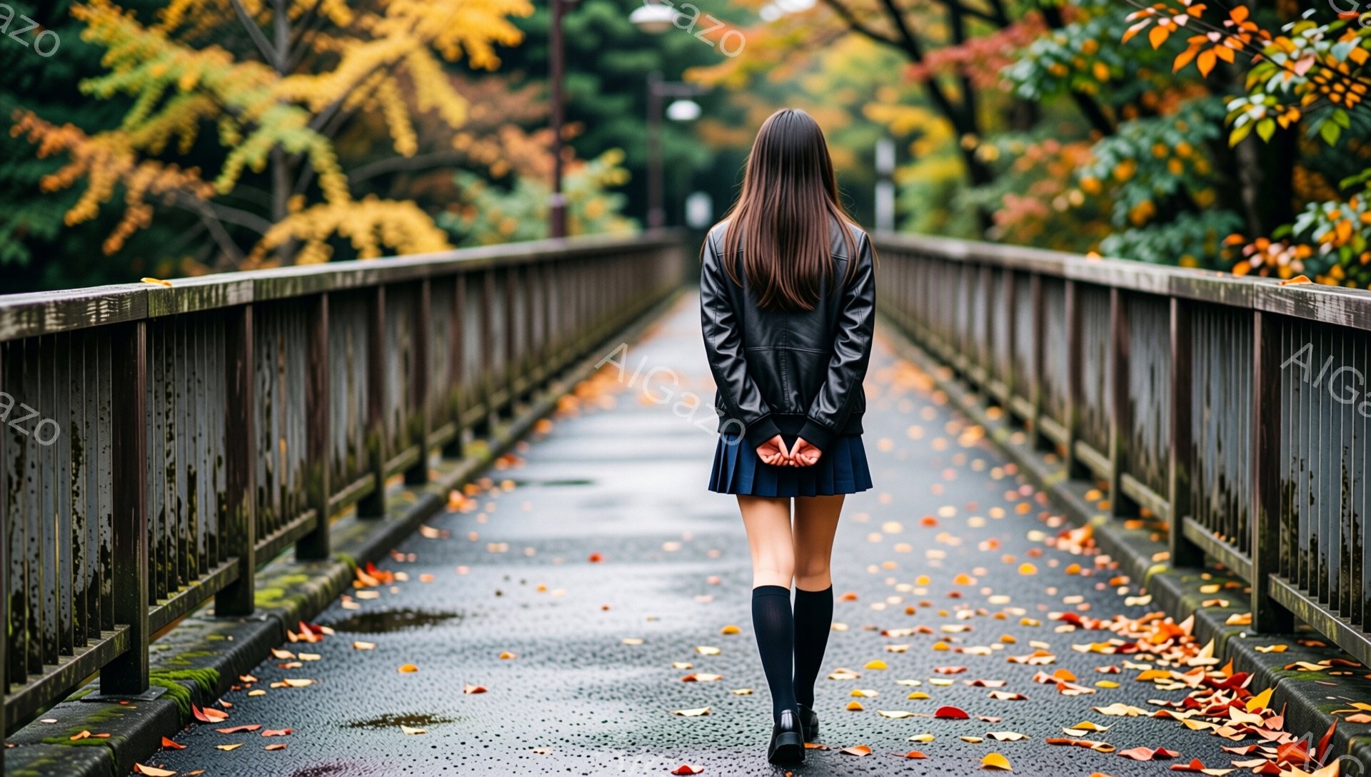 後ろ姿の女性が、木製の橋の上を歩いている。彼女は黒いジャケット、短いプリーツスカート、黒いハイソックス、ヒールを履いており、秋の落ち葉が散らばる橋の上を歩いている。背景には紅葉した木々が並び、秋の寂しげで美しい雰囲気を醸し出している。