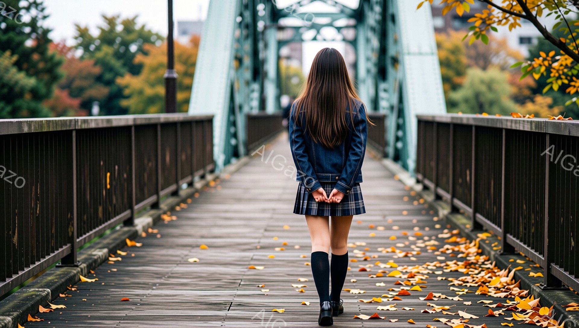 見えるのは、橋の上を歩いている女性の後ろ姿です。彼女は、デニムジャケットとチェックのスカート、黒いニーハイソックス、黒い靴を着用しています。橋の上には落ち葉が散らばり、背景には緑豊かな木々が見え、秋の穏やかな雰囲気を醸し出しています。