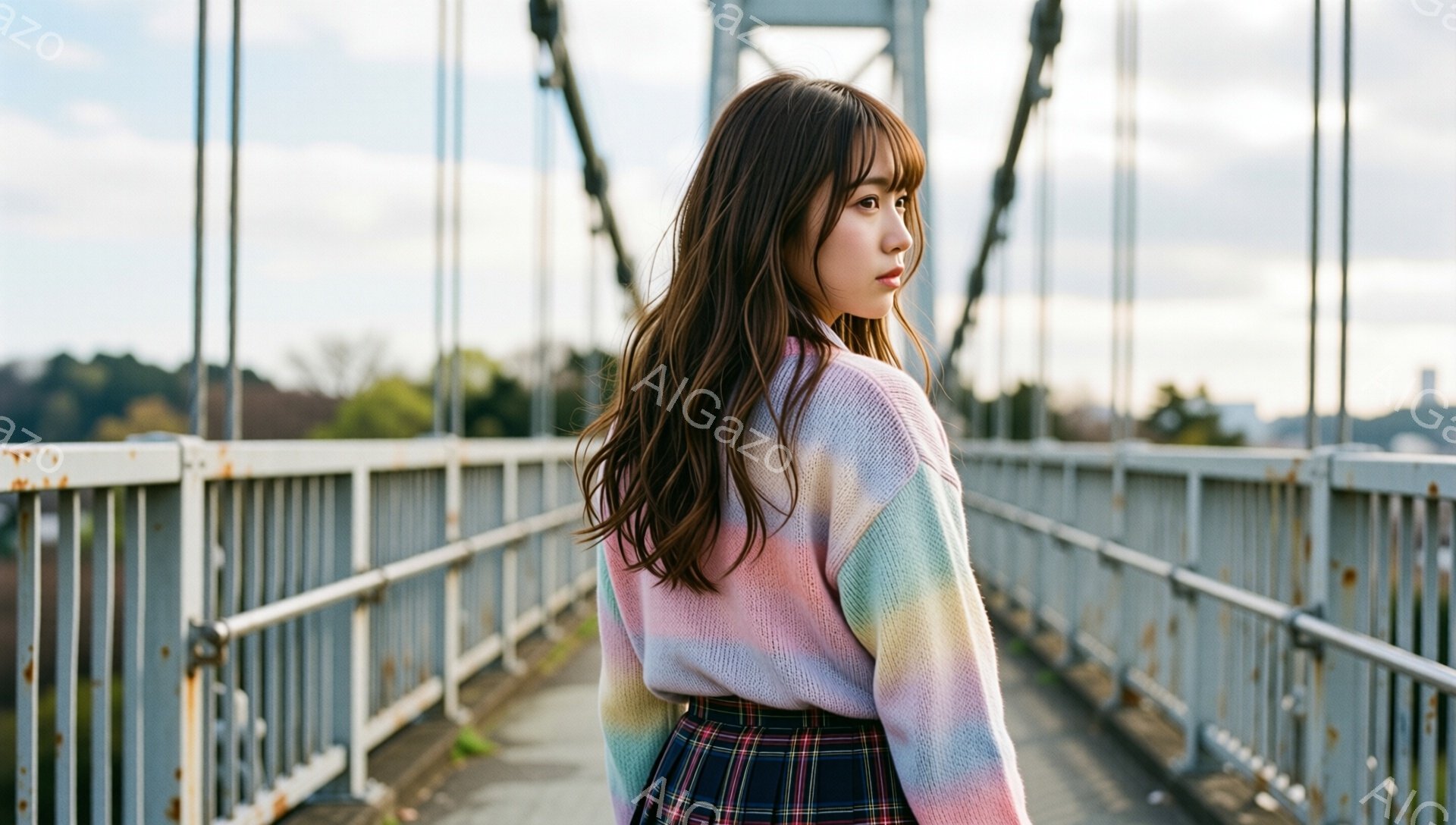 若い女性が、虹色のセーターとチェック柄のスカートを着て、橋の上を歩いています。彼女は後ろを振り返っており、憂いを帯びた表情をしています。背景には、緑豊かな自然と遠くに見える建物があり、穏やかで少し寂しげな雰囲気を醸し出しています。