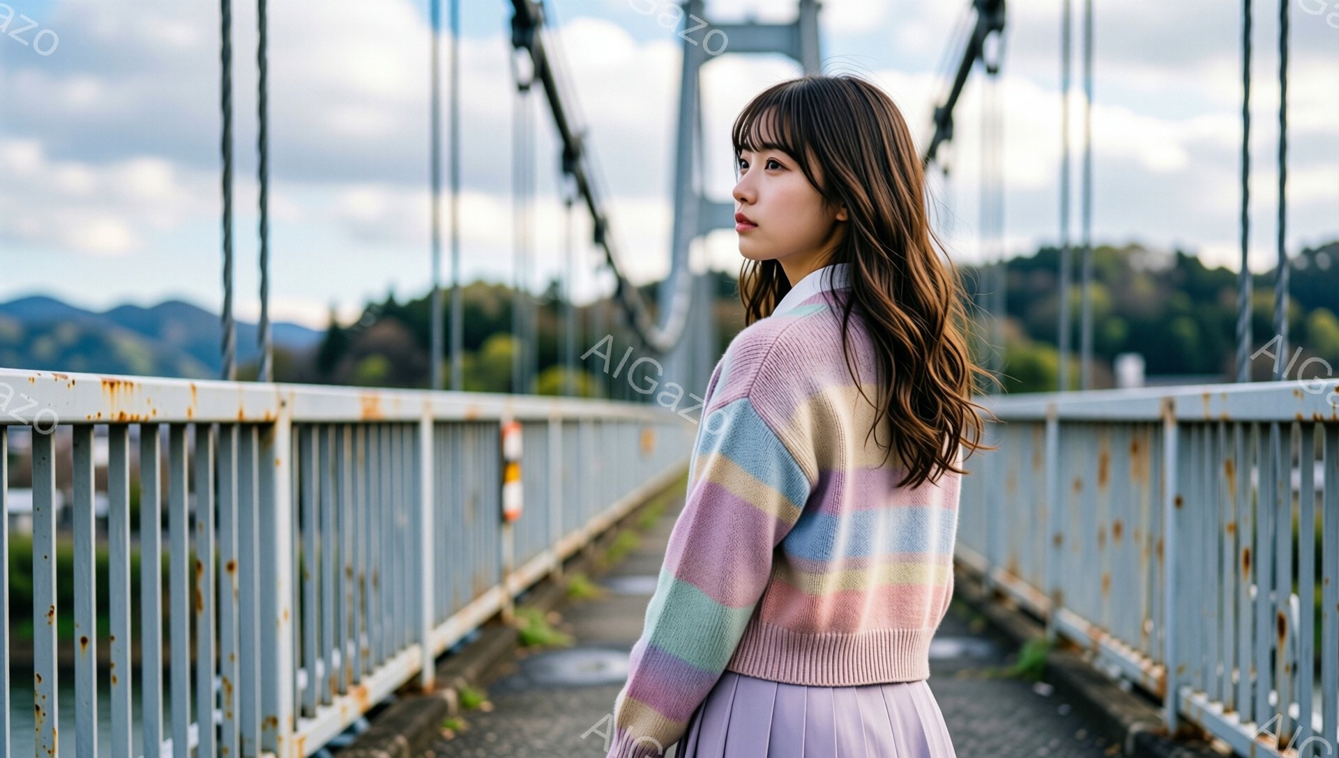 若い女性が、彩り豊かなパステルカラーのカーディガンと薄紫色のスカートを着て、古い橋の上に立っている。彼女は肩を少し丸め、後ろを振り返ってどこかを見つめており、少し物憂げな表情をしている。背景には緑豊かな山々と、グレーがかった空が広がり、全体的にどこか懐かしい雰囲気の風景である。