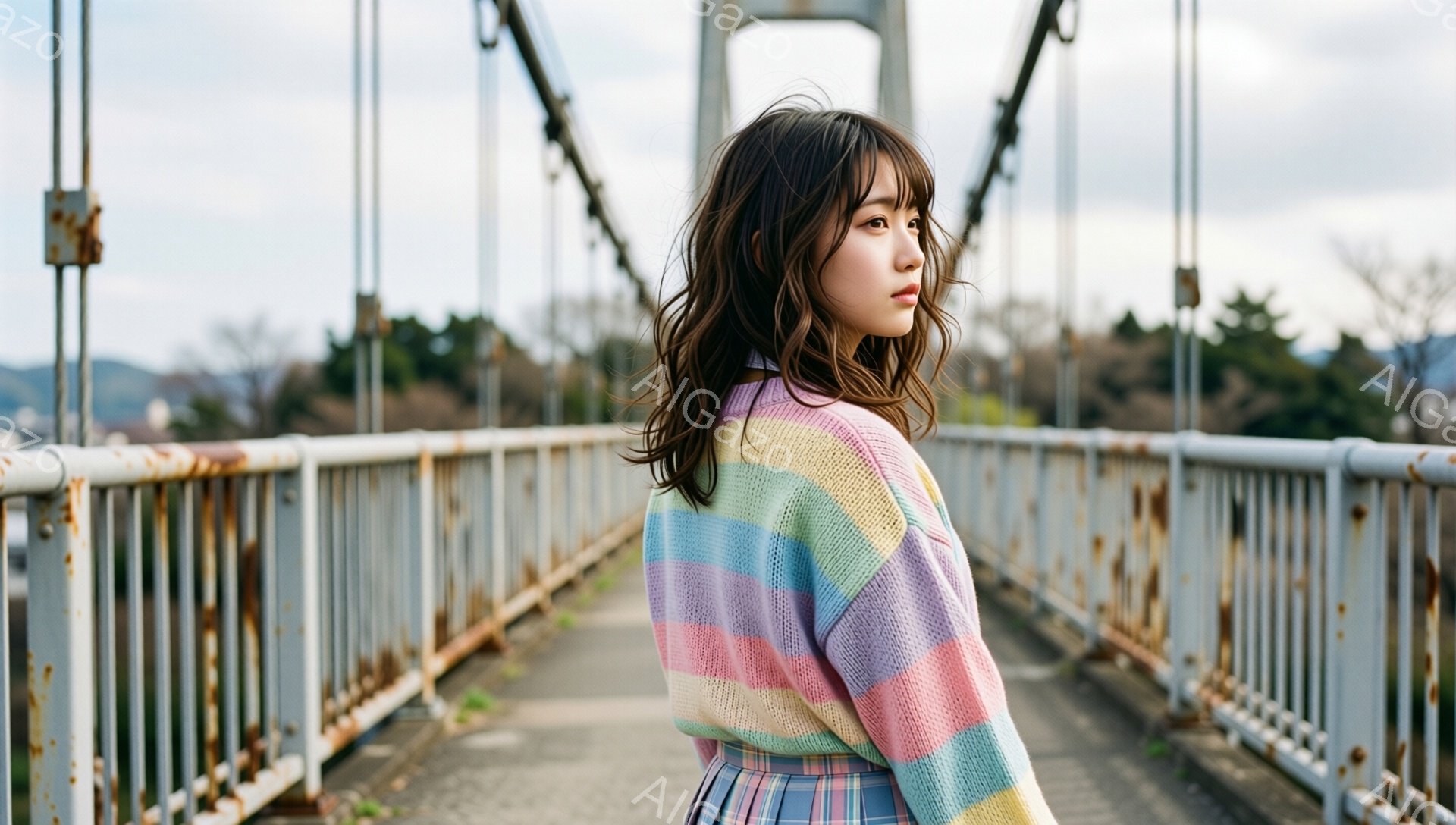 若い女性が、古い鉄の橋の上を歩いている後ろ姿が写っている。彼女はカラフルなボーダーセーターとチェック柄のスカートを着用し、少しカールしたロングヘアを肩に垂らしている。背景には霞んだ山々と橋の構造が見え、全体的にノスタルジックで穏やかな雰囲気を醸し出している。